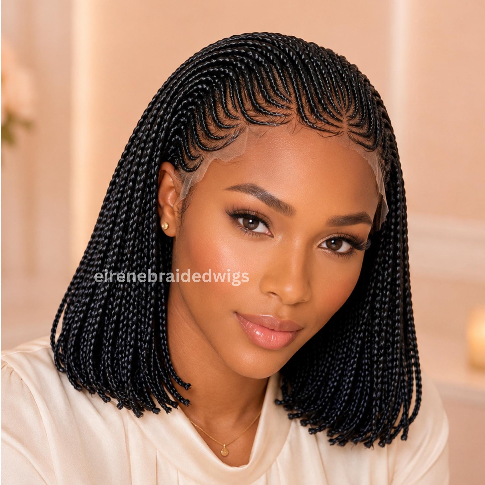 Bob Cornrow braided wig for Black Women – Brown Curly human hair lace-frontal african tribal light-weight side-parting 10-inch – product image 1