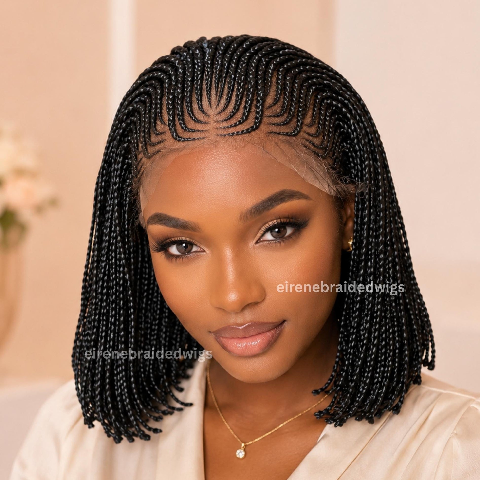 Bob Cornrow braided wig for Black Women – Brown Curly human hair lace-frontal african tribal light-weight side-parting 10-inch – product image 2
