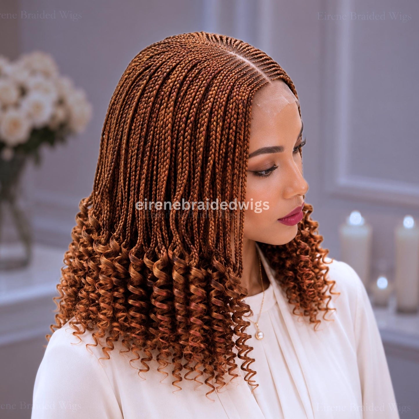Braided Wig for Black Women – Curly Golden Brown Short Bob Lace Closure Braids Wig – Fulani Cornrow Full Density Curly wig – product image 1