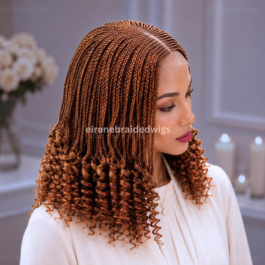 Braided Wig for Black Women – Curly Golden Brown Short Bob Lace Closure Braids Wig – Fulani Cornrow Full Density Curly wig – product image 1