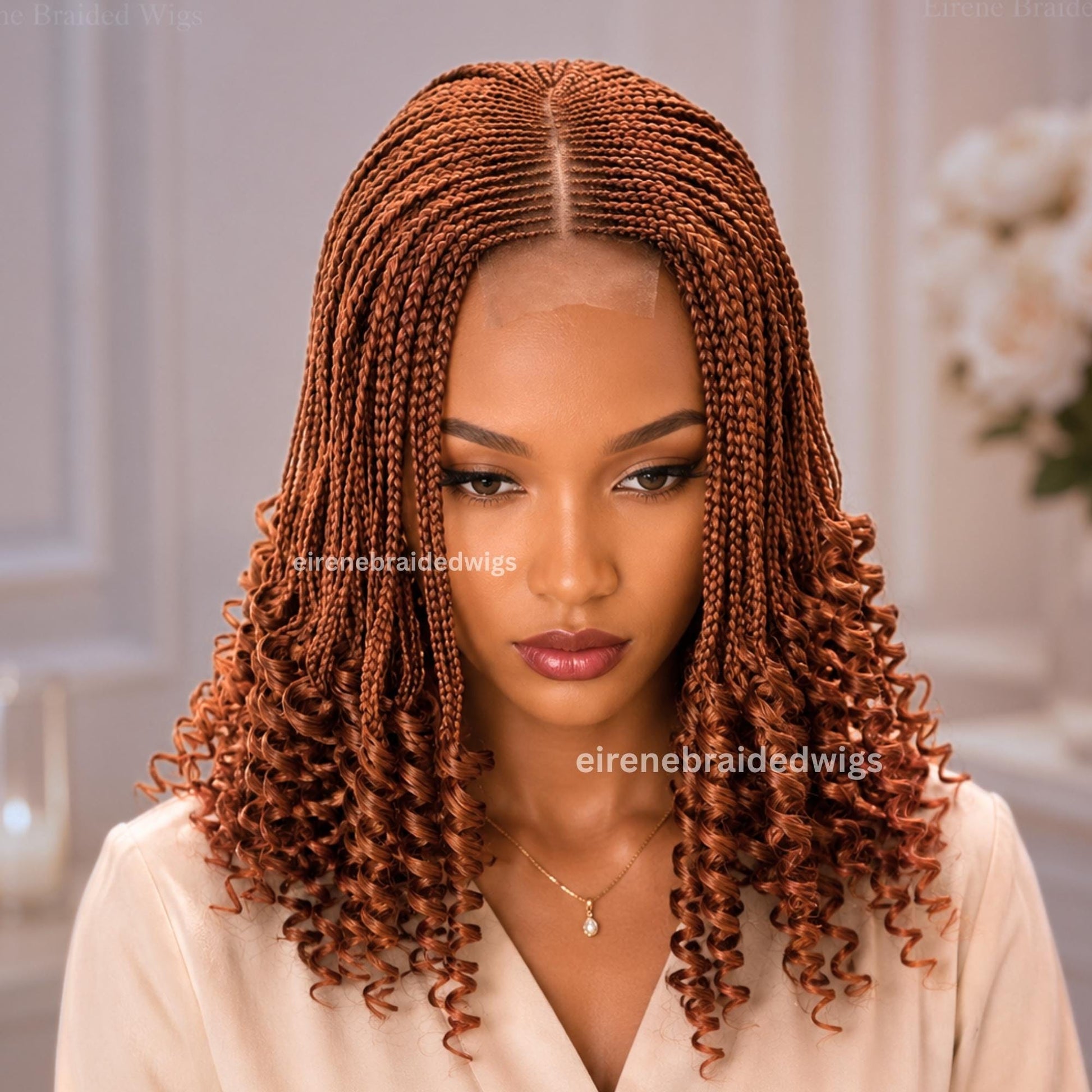 Braided Wig for Black Women – Curly Golden Brown Short Bob Lace Closure Braids Wig – Fulani Cornrow Full Density Curly wig – product image 3
