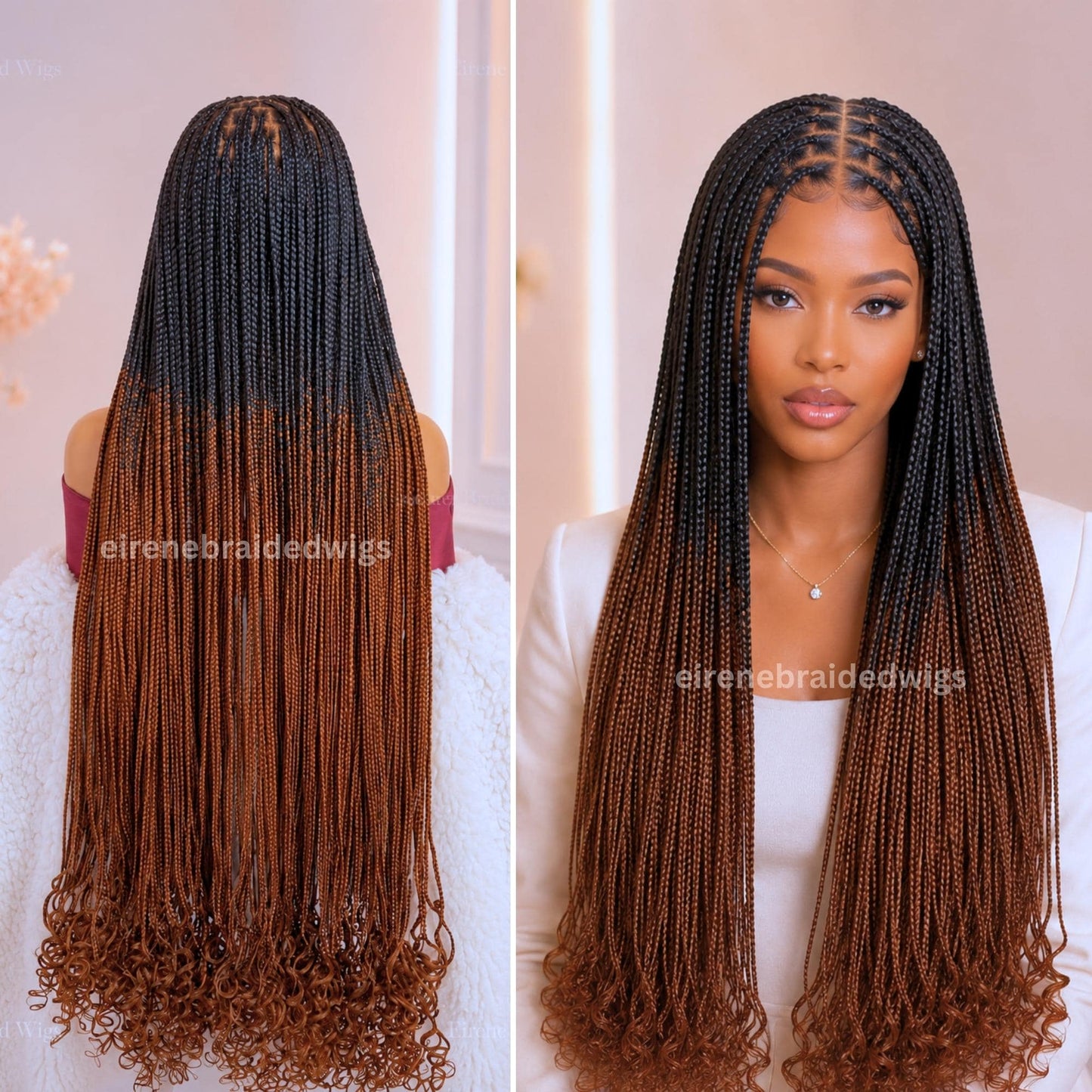 Curly Braided Wigs for Black Women – Knotless Lace Frontal Box Braided Wig – Long Black Brown Ombre Wig – product image 1
