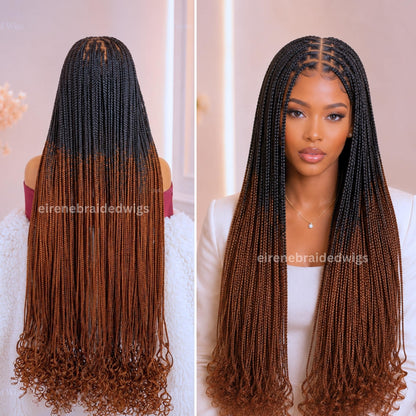 Curly Braided Wigs for Black Women – Knotless Lace Frontal Box Braided Wig – Long Black Brown Ombre Wig – product image 1