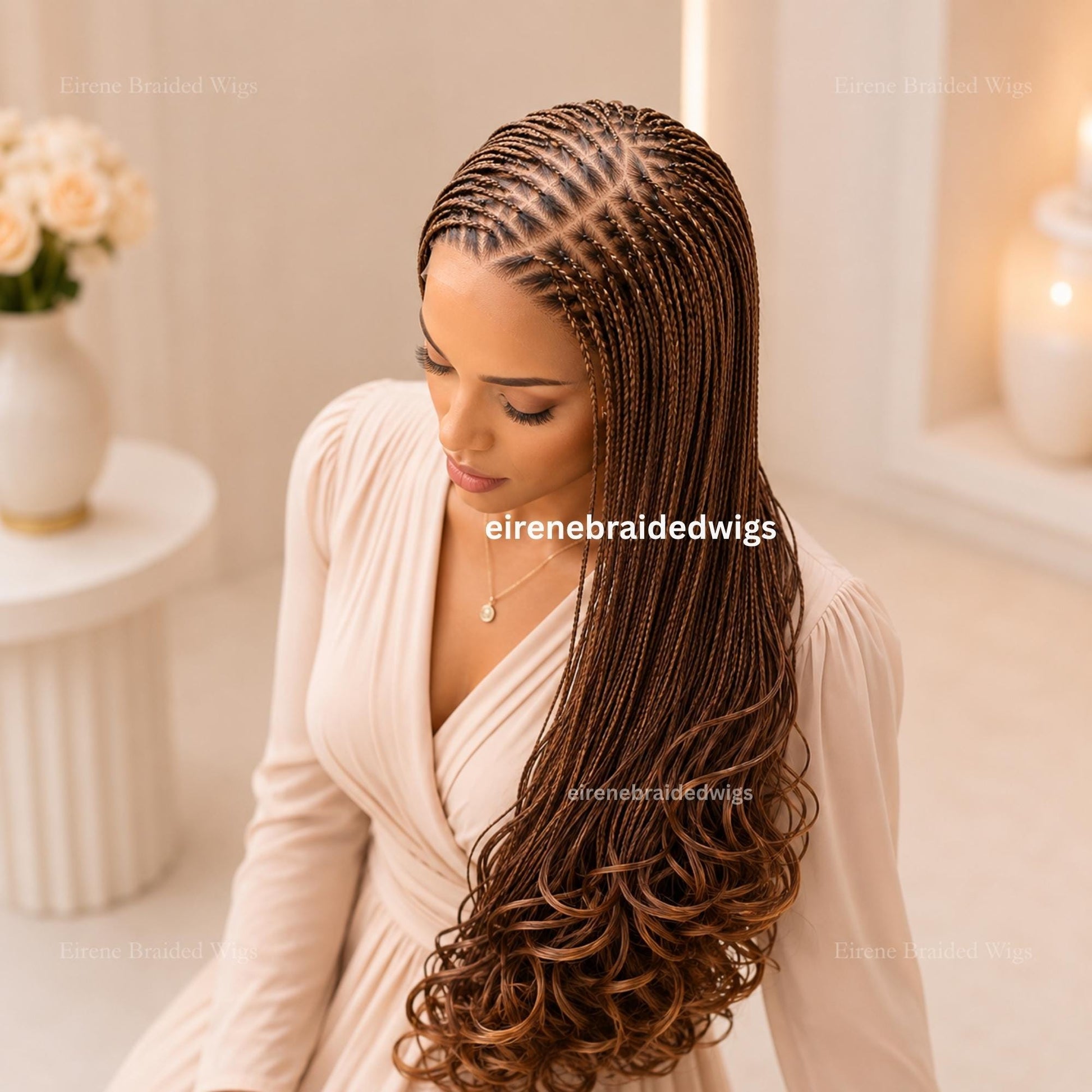 Braided Wig for Black Women – Knotless Braid Wig – Golden Brown Spanish Curls – Single Box Braids French Wave – Human Hair Lace Closure – product image 1