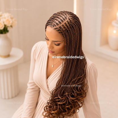 Braided Wig for Black Women – Knotless Braid Wig – Golden Brown Spanish Curls – Single Box Braids French Wave – Human Hair Lace Closure – product image 1
