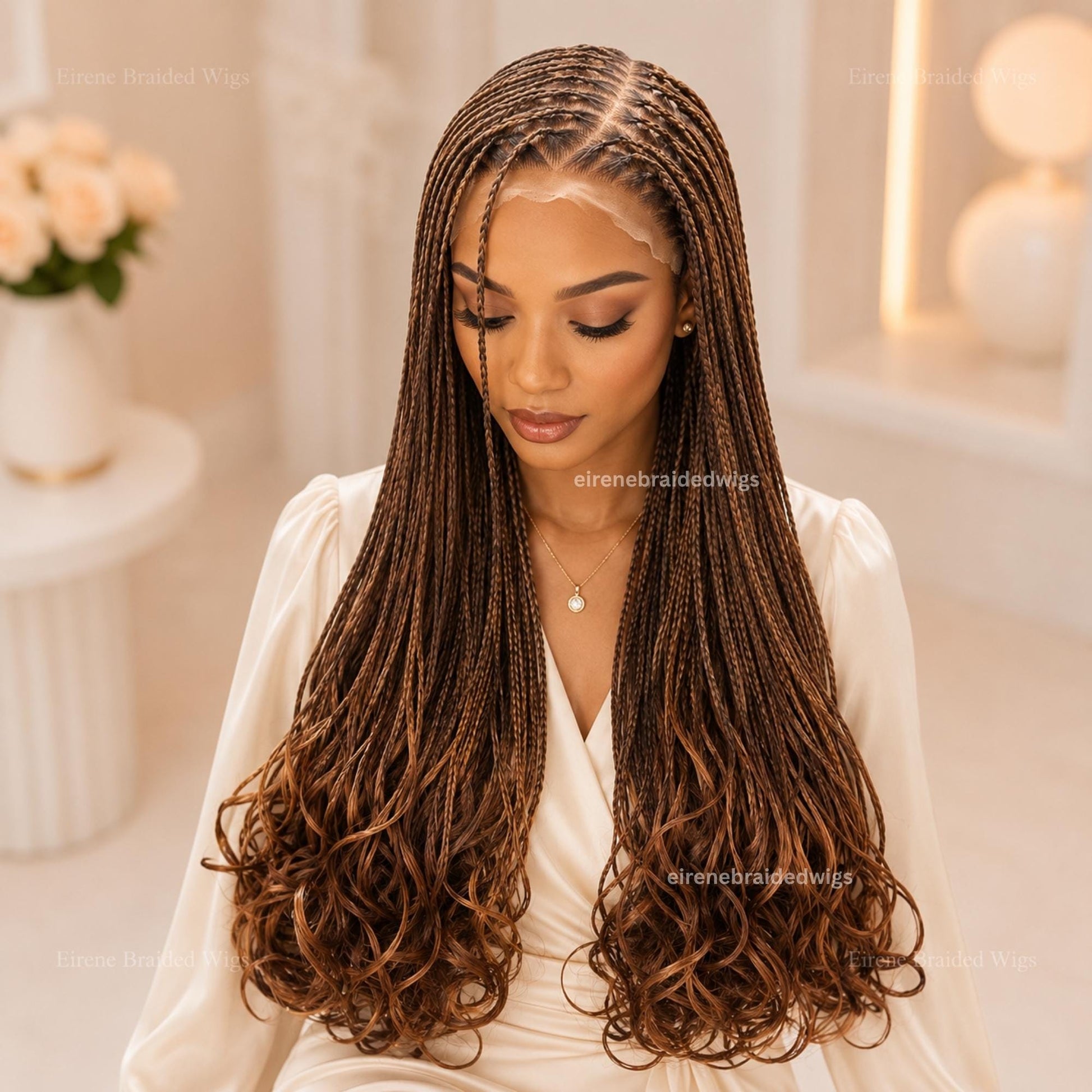Braided Wig for Black Women – Knotless Braid Wig – Golden Brown Spanish Curls – Single Box Braids French Wave – Human Hair Lace Closure – product image 3