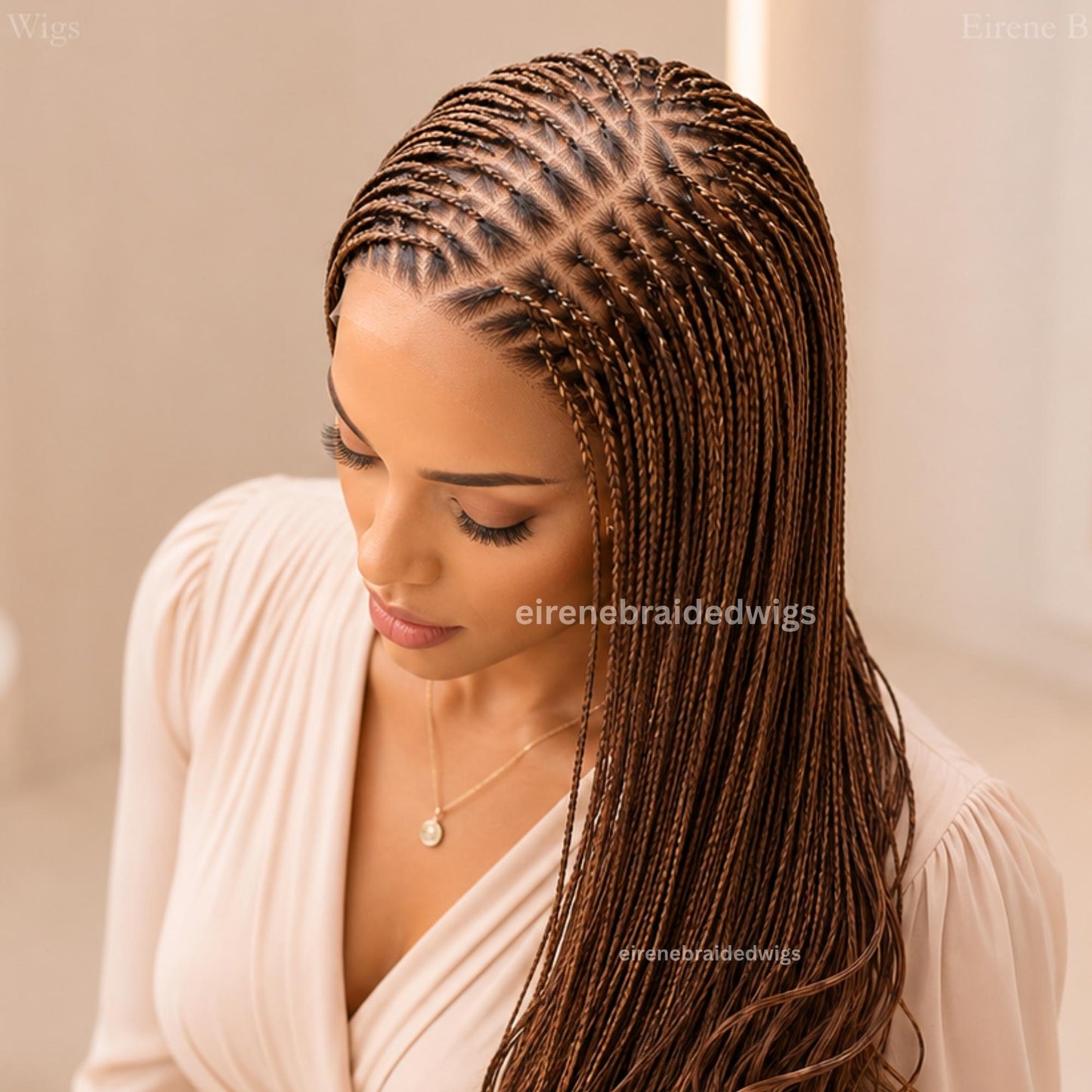 Braided Wig for Black Women – Knotless Braid Wig – Golden Brown Spanish Curls – Single Box Braids French Wave – Human Hair Lace Closure – product image 2