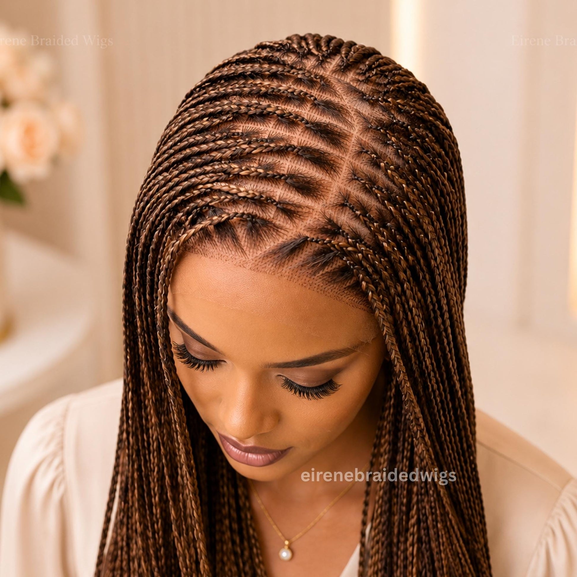 Braided Wig for Black Women – Knotless Braid Wig – Golden Brown Spanish Curls – Single Box Braids French Wave – Human Hair Lace Closure – product image 5