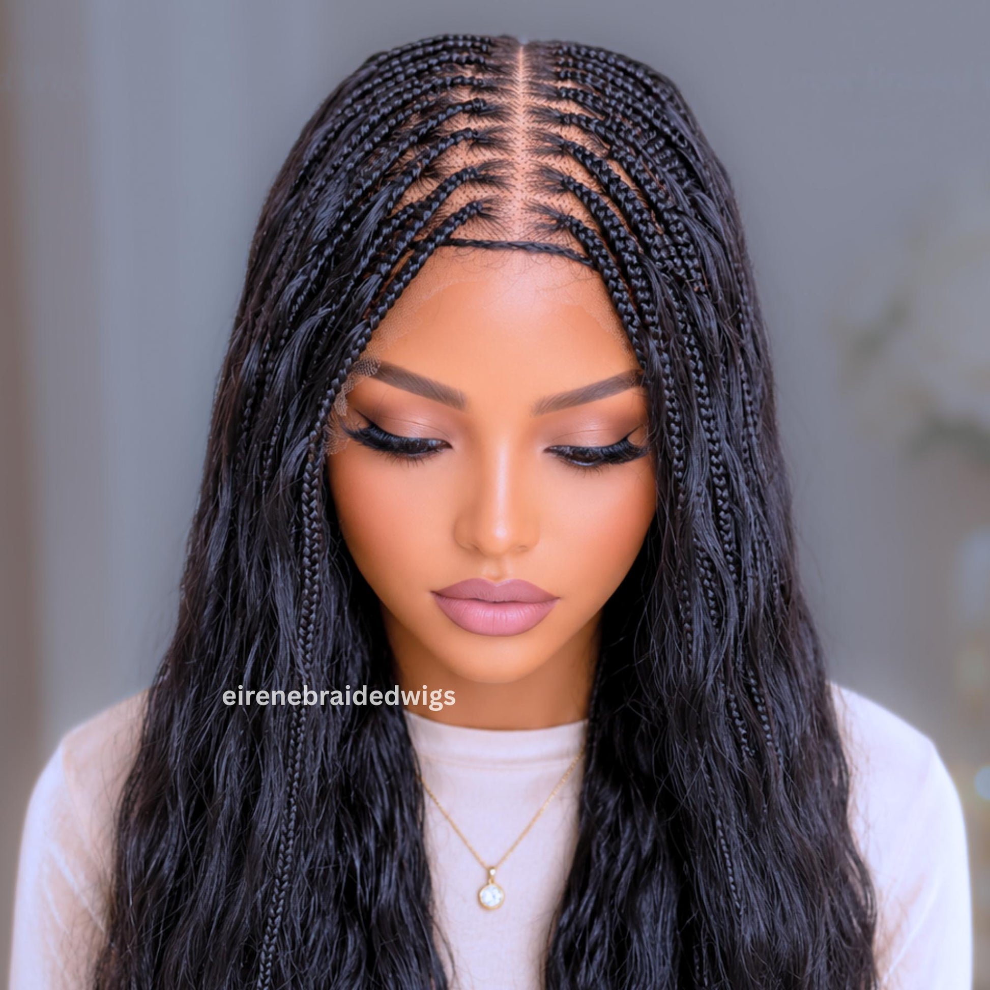 Braided Wigs for Black Women – Knotless Box Braids Human Hair Wig – 22 inches Curly Wavy Black Lace Closure – product image 4