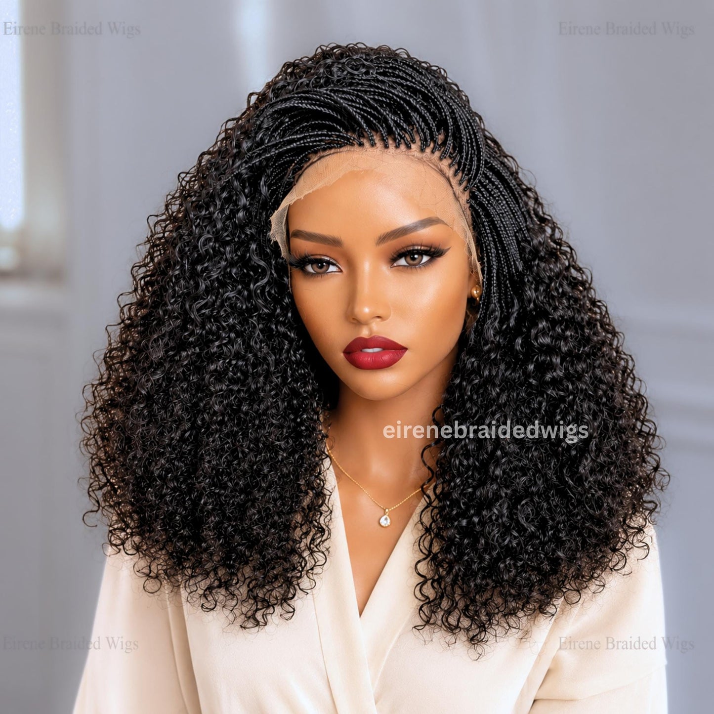 Micro Braids Human Hair Wig for Black Women – 18 inches Curly Wavy Black Lace Frontal Wig – product image 2