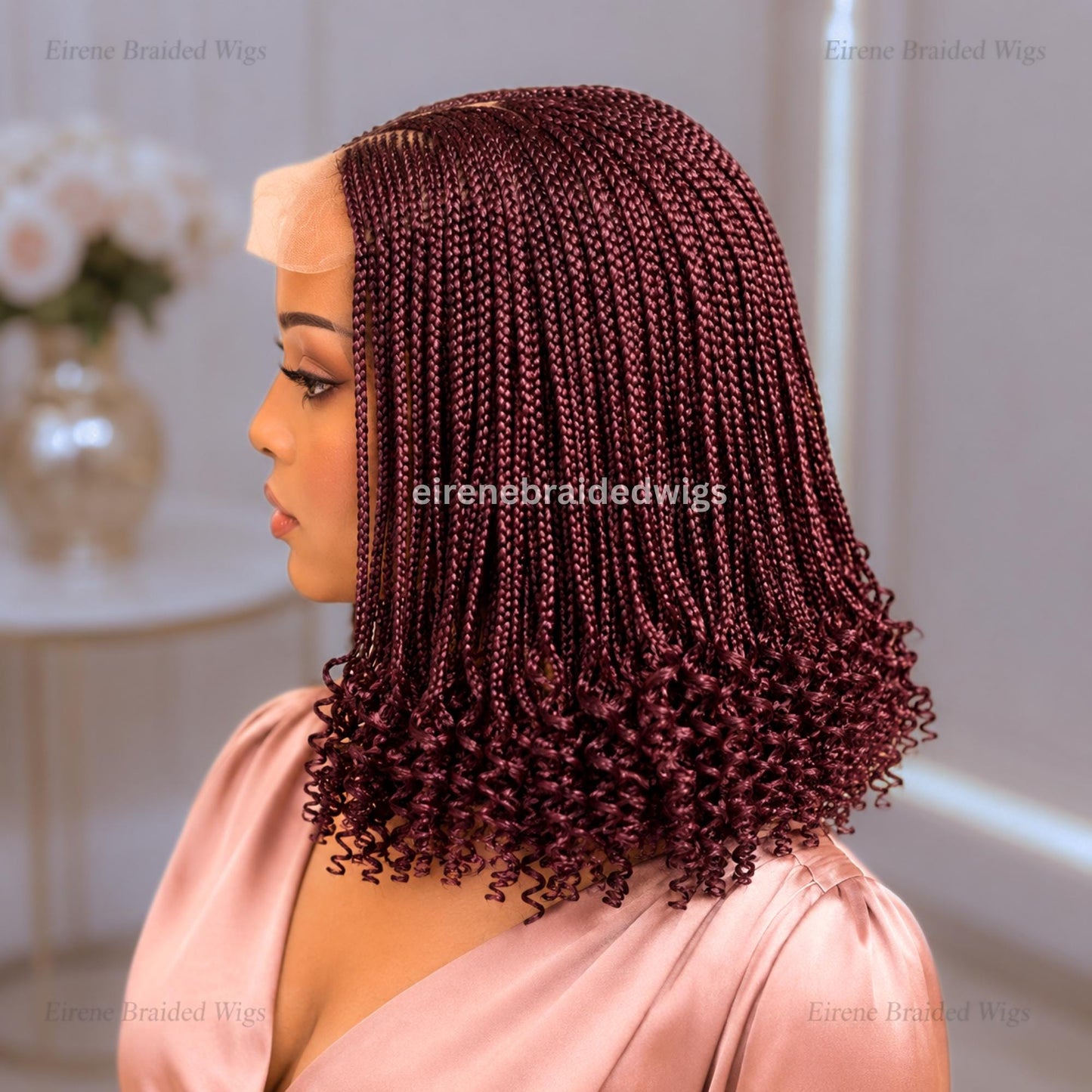 Braided Wigs for Black Women – Curly Short Bob Braid Cornrow Wig – Red burgundy Brunette Weave – product image 2