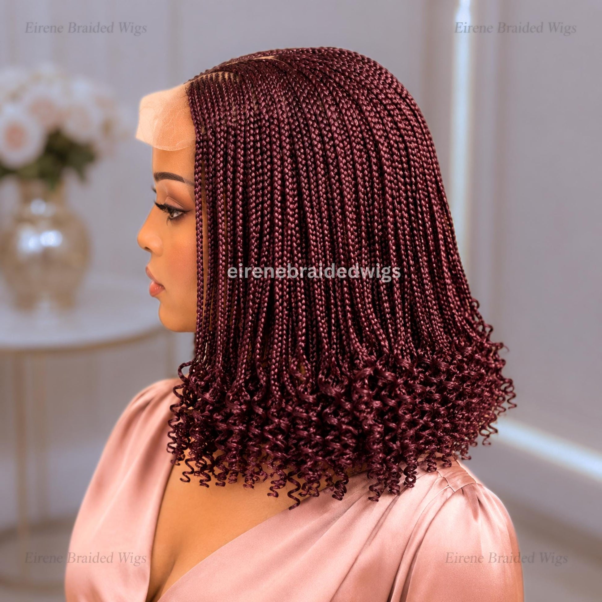 Braided Wigs for Black Women – Curly Short Bob Braid Cornrow Wig – Red burgundy Brunette Weave – product image 2