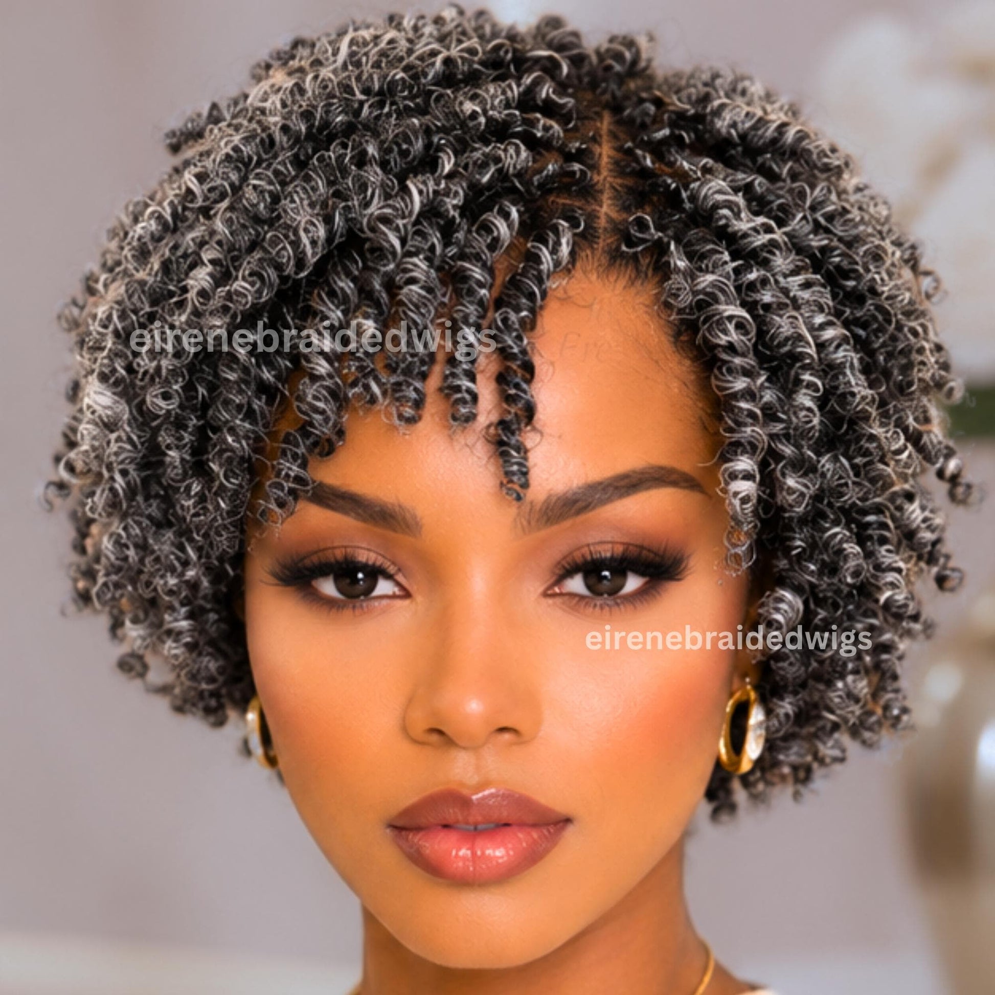 Salt and Pepper Spring Twist Braided Wigs for Black Women – Black and Grey Light-weight Lace Closure Bob Wig – product image 2