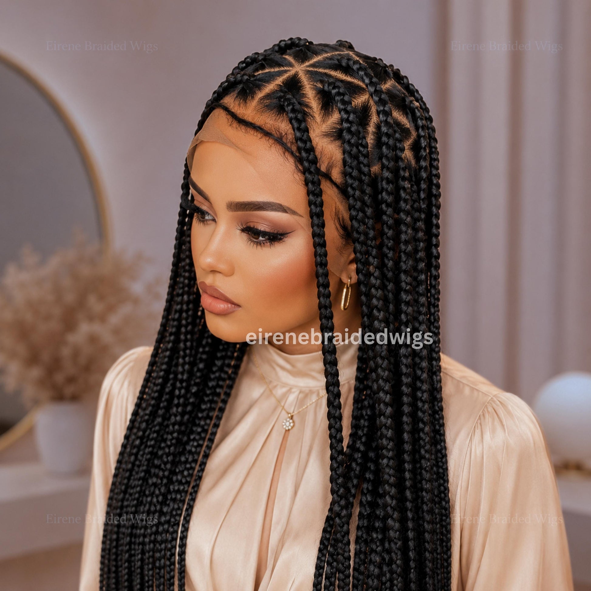 Braided Wig for Black Women – Triangle Diamond Cut Black Chunky Knotless Single Box Braids Wig – Full Lace Baby Hair Jumbo Afro – product image 1