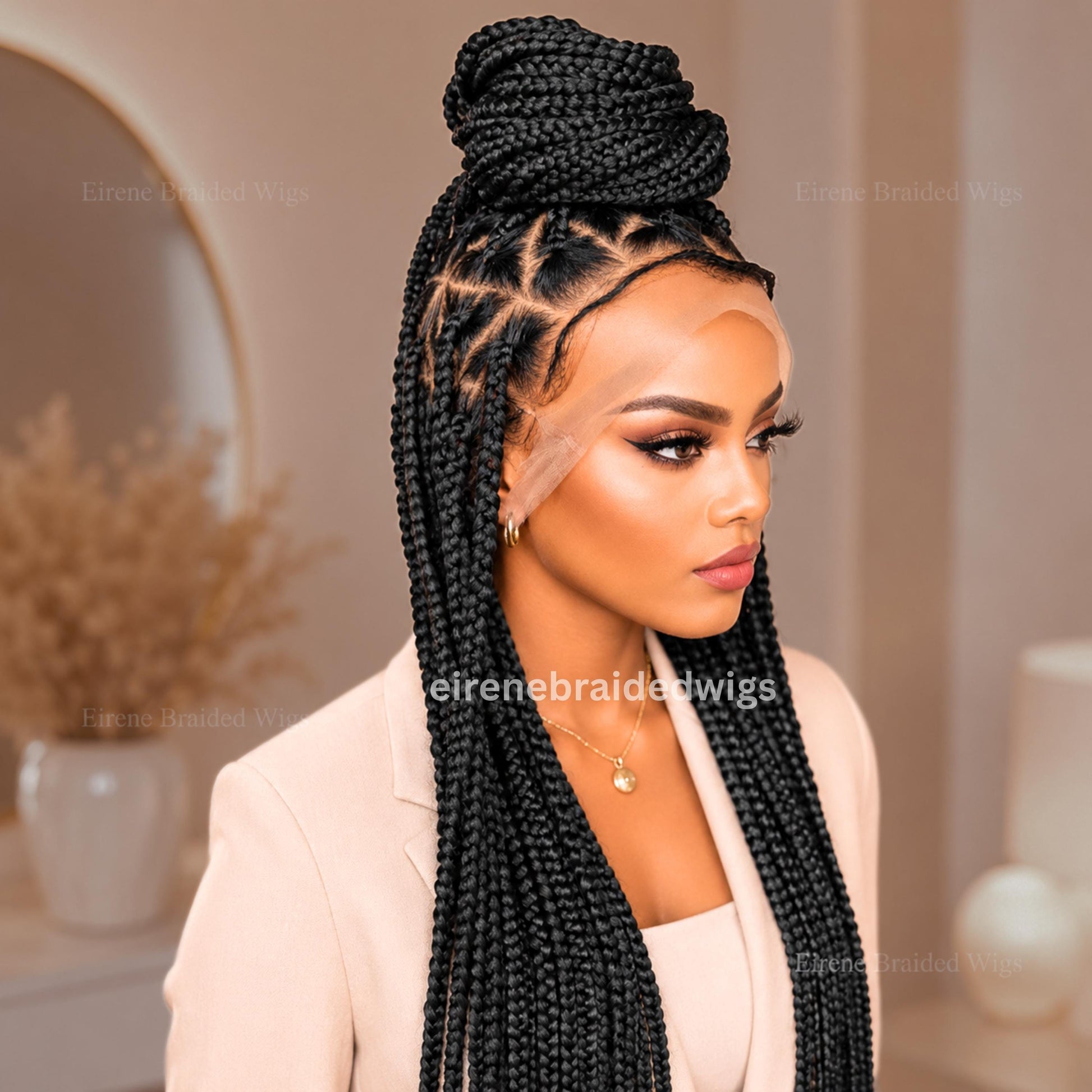 Braided Wig for Black Women – Triangle Diamond Cut Black Chunky Knotless Single Box Braids Wig – Full Lace Baby Hair Jumbo Afro – product image 3