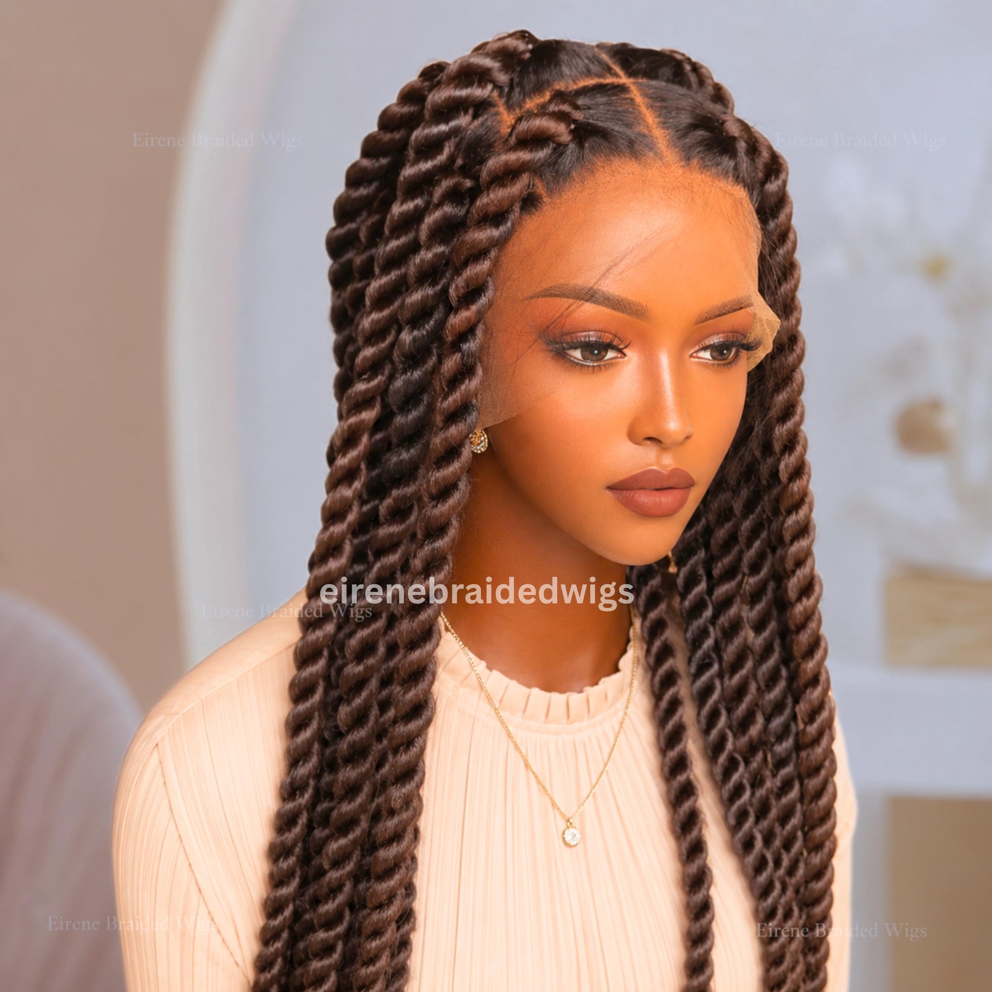 Braided Wigs for Black Women – Brown Chunky Knotless Single Big Box TwistBraided Wig – Full Lace – Baby Hair – 36in Jumbo Braids – product image 1