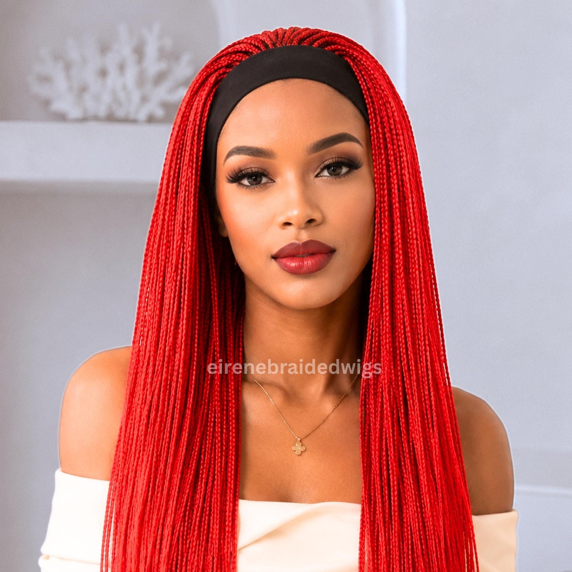 Red Braided Wigs for Black Women – Braided Headband Wig – Long Box Braids – Crochet Ponytail Updo – product image 2