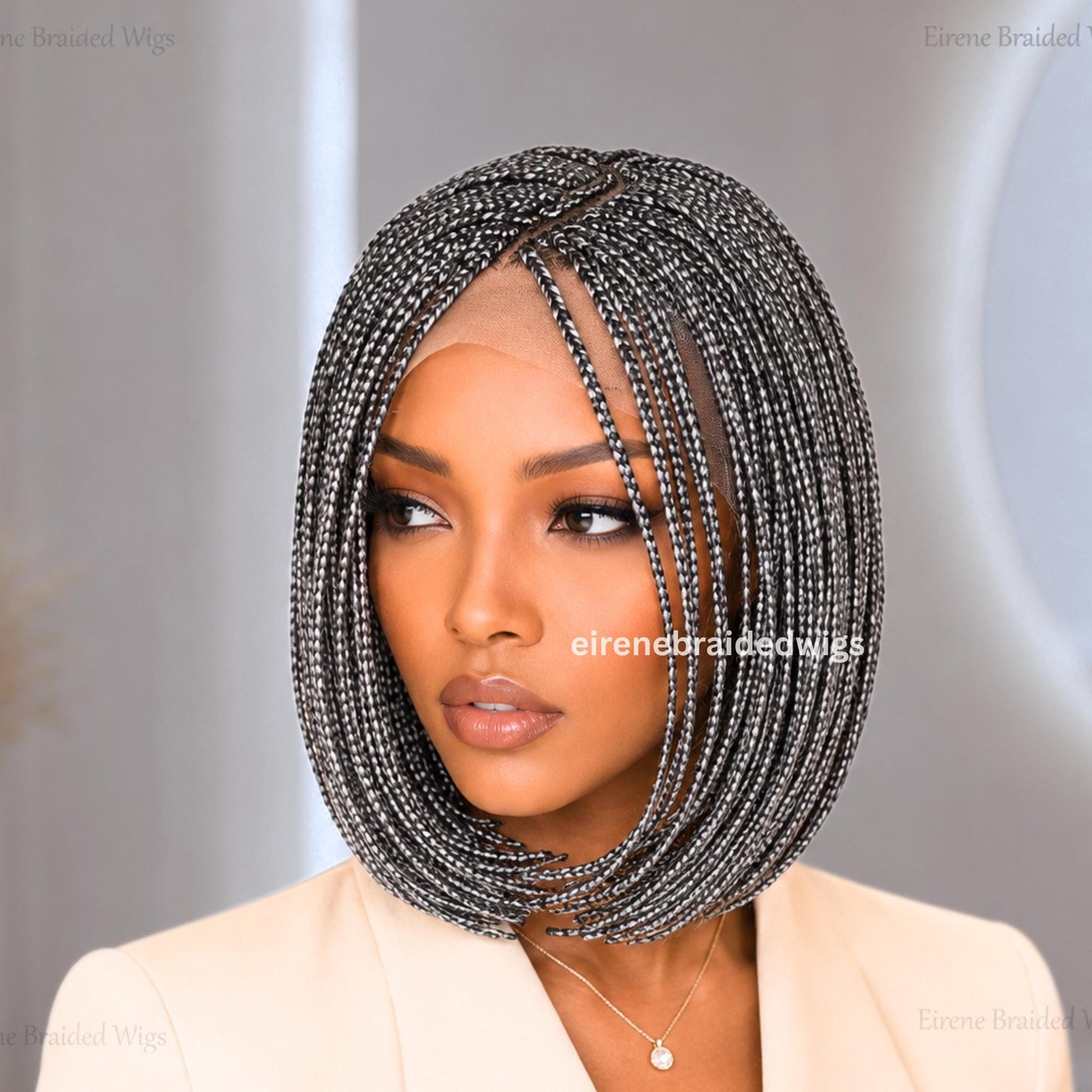 Braided Wigs for Black Women – Salt and Pepper Short Bob Single Box Braids Wig – Side Parting Light-weight Wig – product image 4
