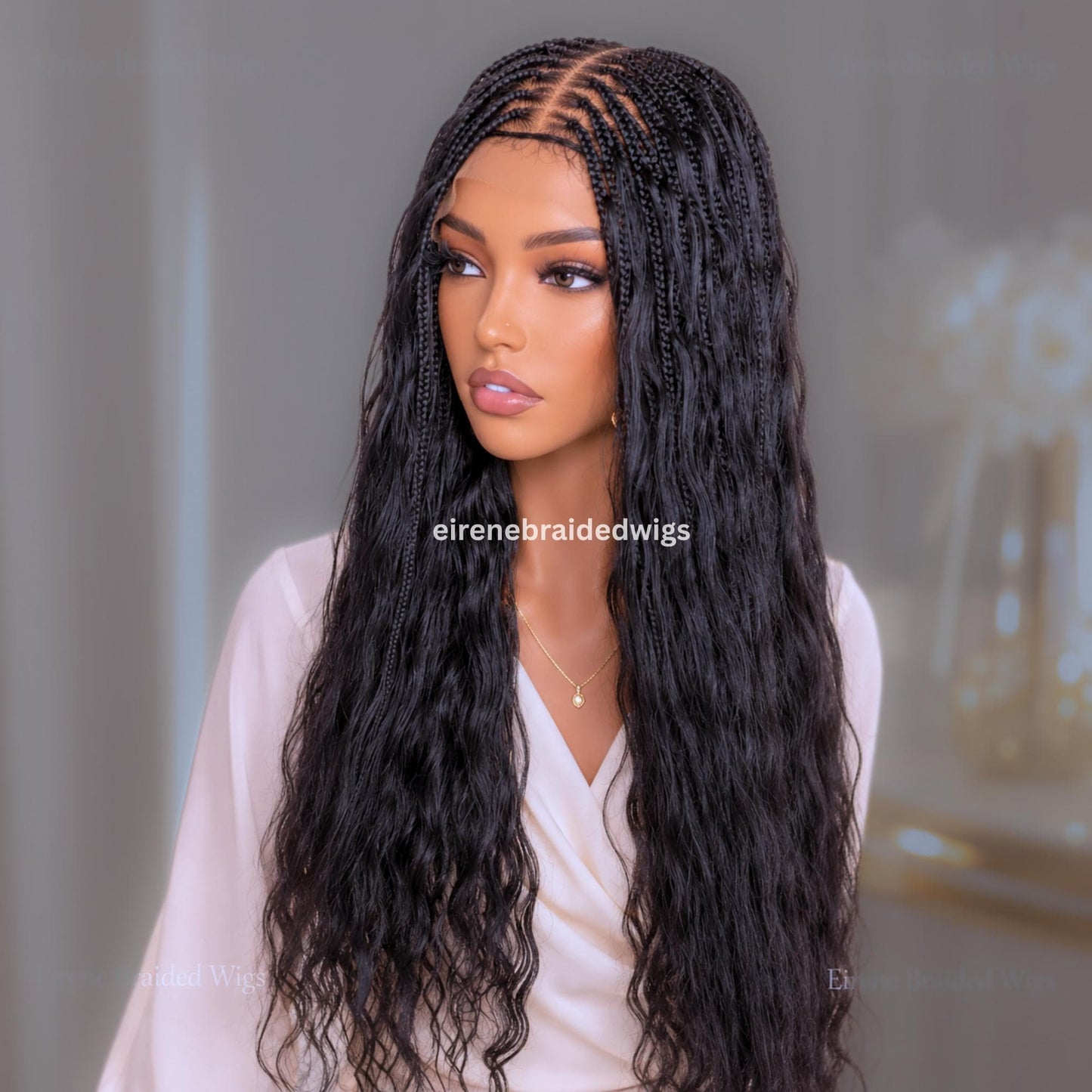 Braided Wigs for Black Women – Knotless Box Braids Human Hair Wig – 22 inches Curly Wavy Black Lace Closure – product image 3