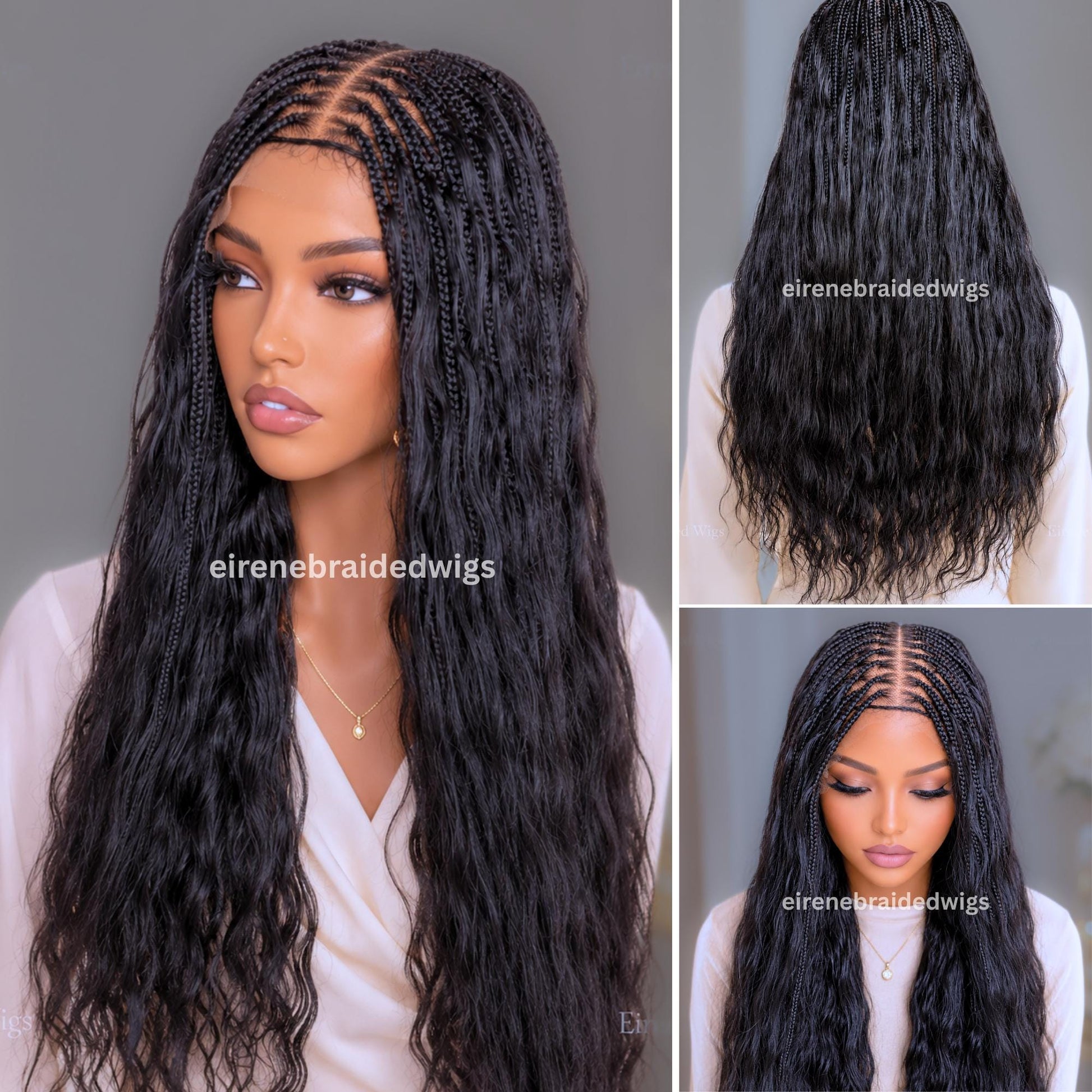 Braided Wigs for Black Women – Knotless Box Braids Human Hair Wig – 22 inches Curly Wavy Black Lace Closure – product image 1