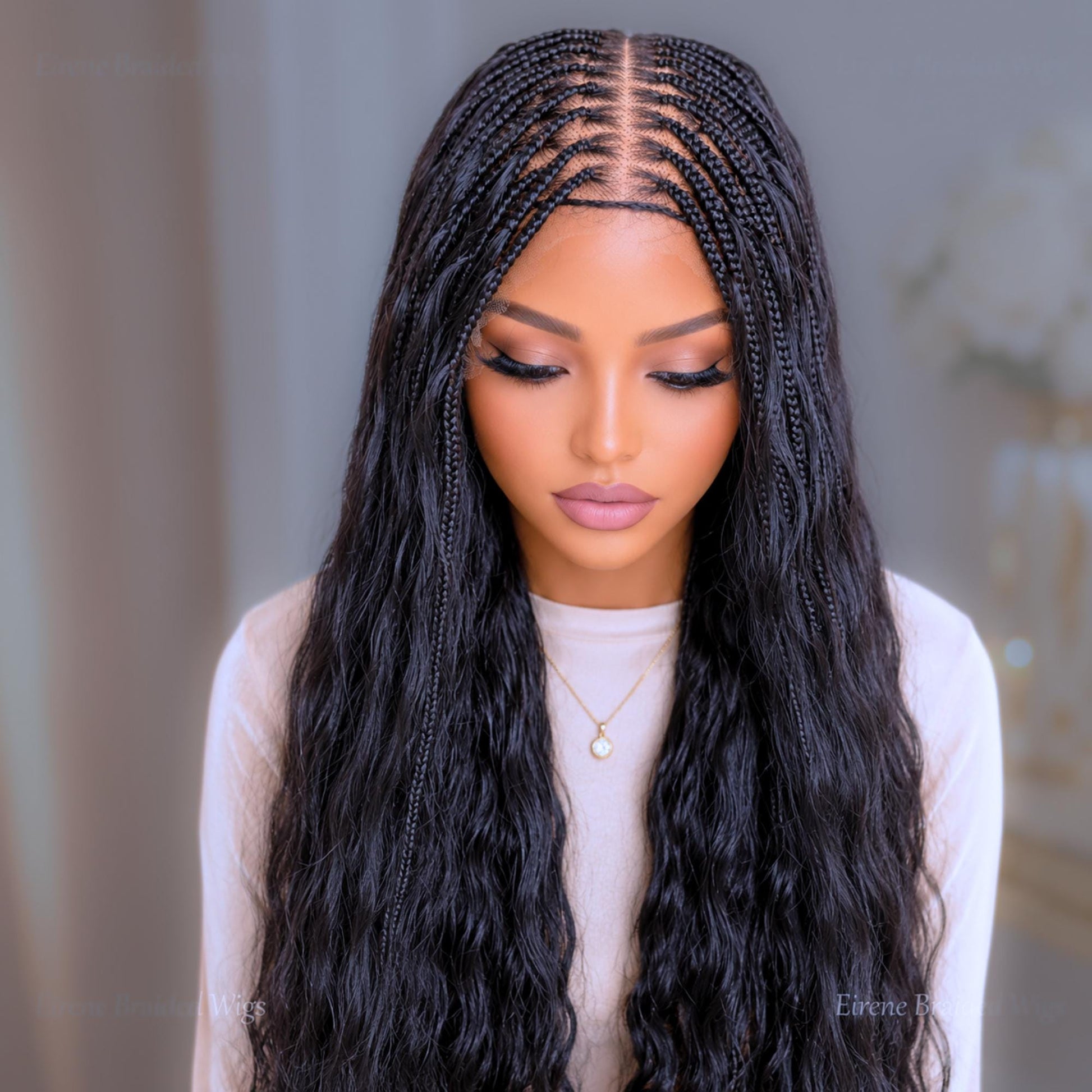 Braided Wigs for Black Women – Knotless Box Braids Human Hair Wig – 22 inches Curly Wavy Black Lace Closure – product image 7