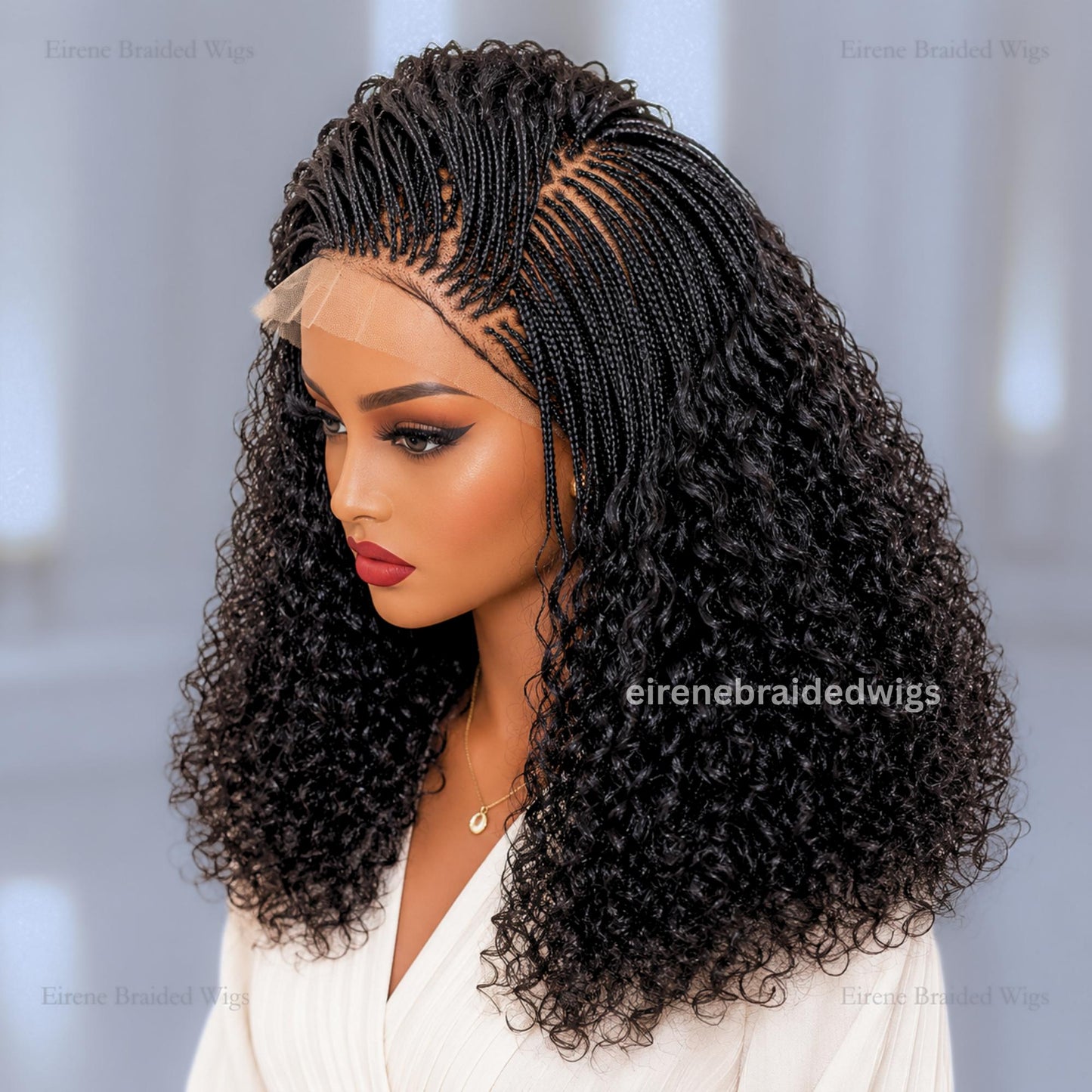 Micro Braids Human Hair Wig for Black Women – 18 inches Curly Wavy Black Lace Frontal Wig – product image 3