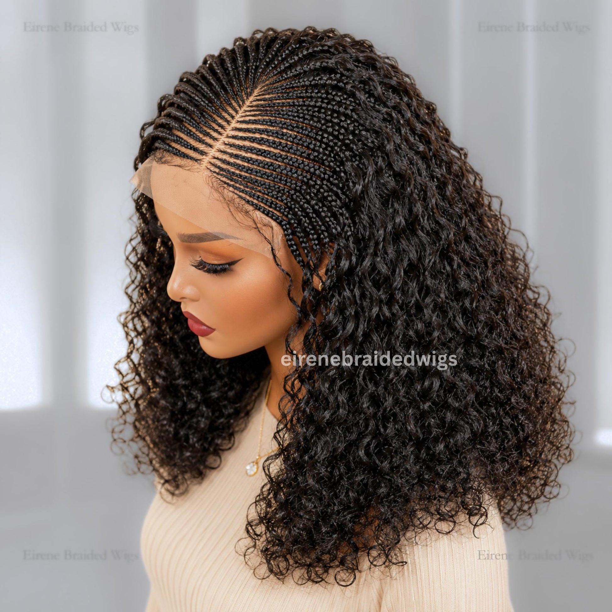 Micro Braids Human Hair Cornrow Wig for Black Women – 18 inches Curly Wavy Black Lace Frontal Wig – product image 1