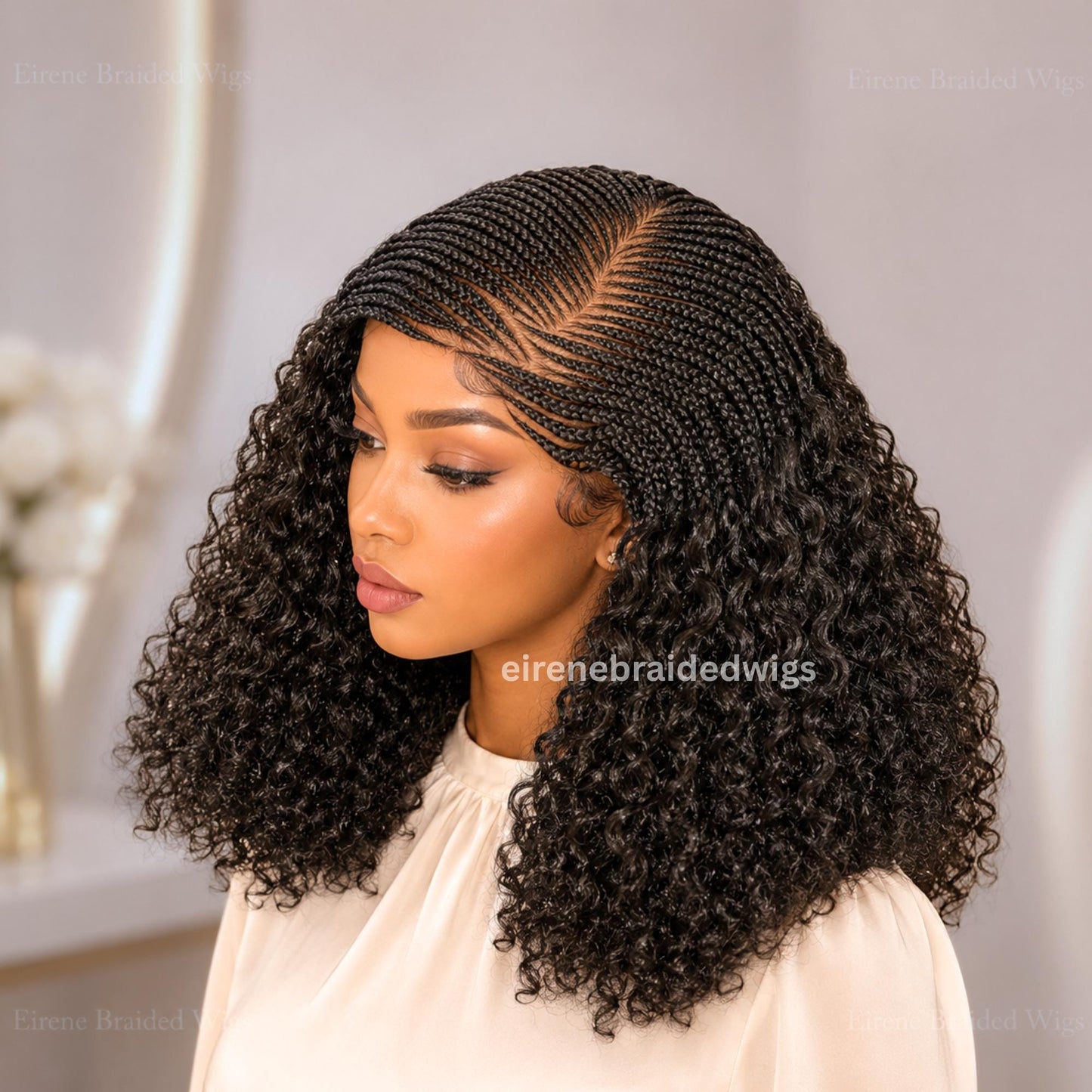 Micro Braids Human Hair Cornrow Wig for Black Women – 18 inches Curly Wavy Black Lace Frontal Wig – product image 1