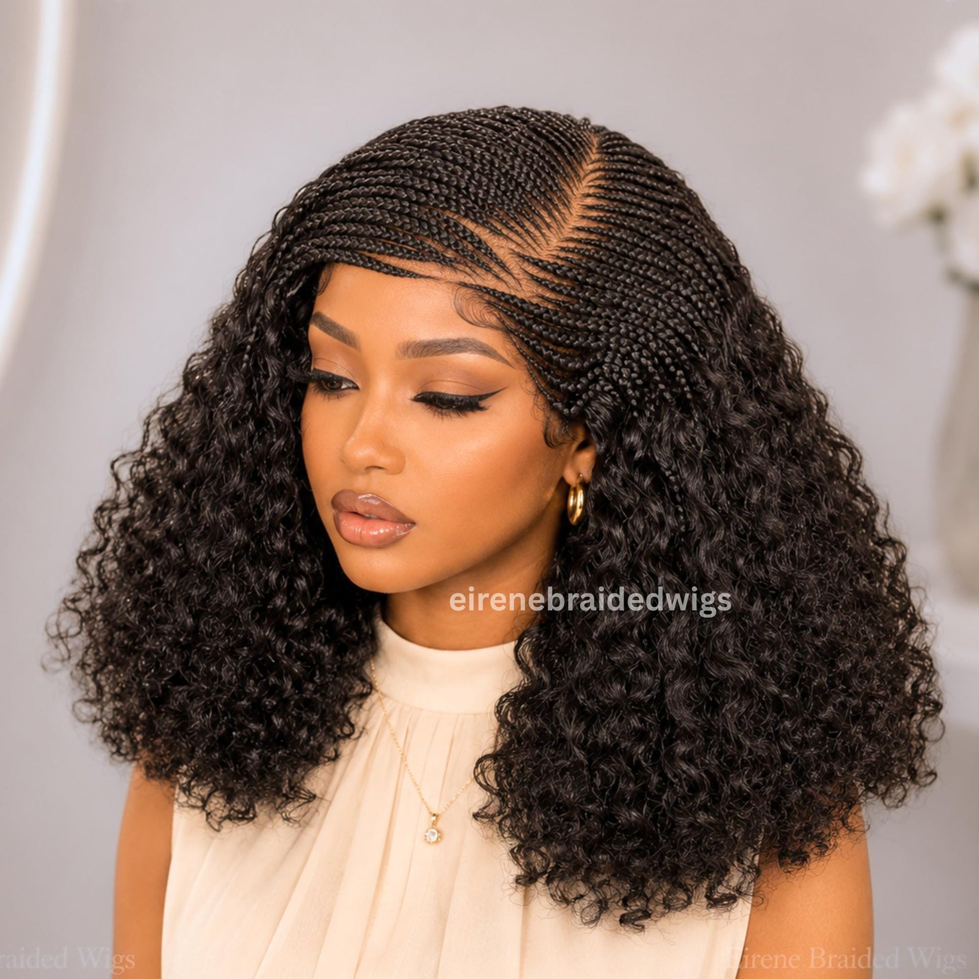 Micro Braids Human Hair Cornrow Wig for Black Women – 18 inches Curly Wavy Black Lace Frontal Wig – product image 3