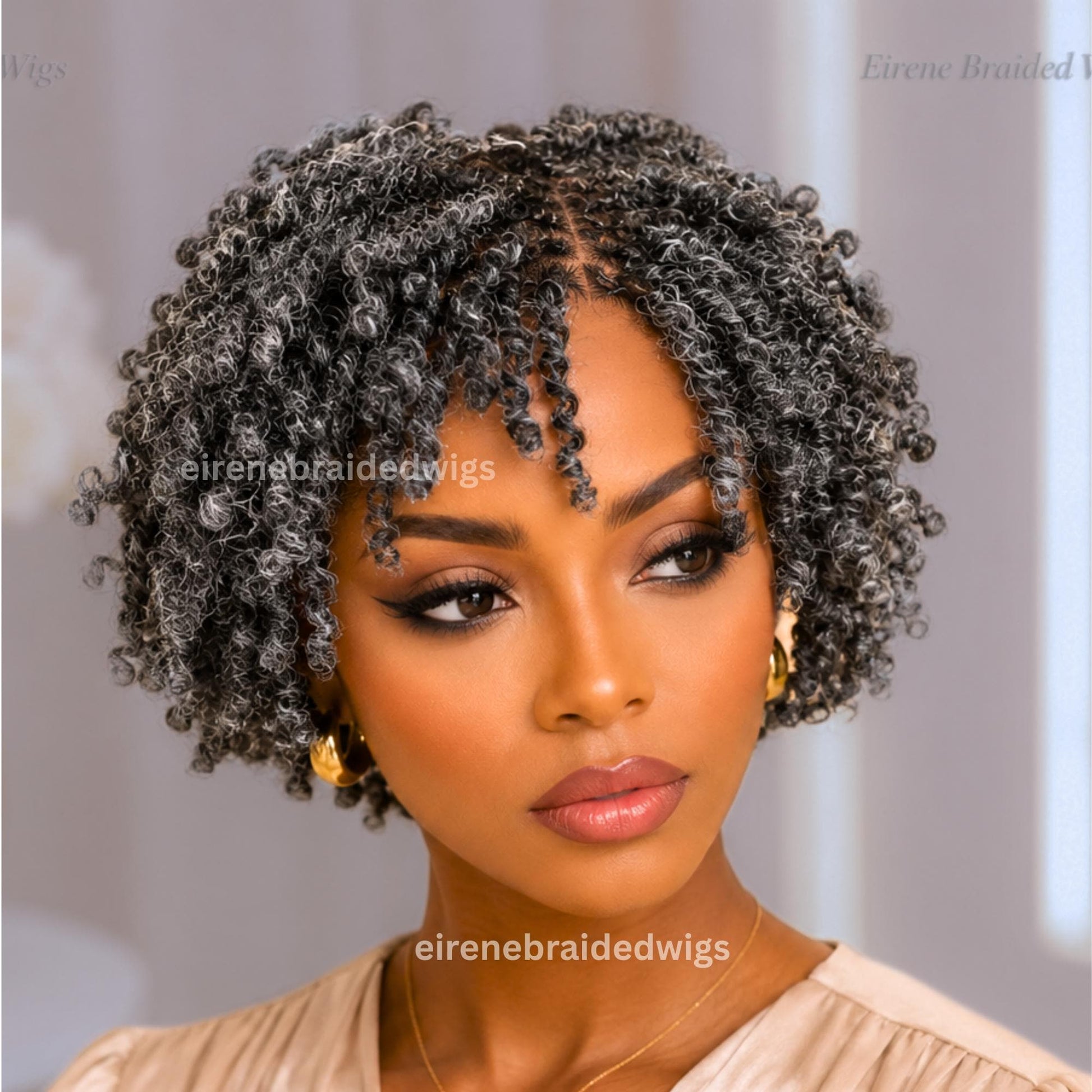 Salt and Pepper Spring Twist Braided Wigs for Black Women – Black and Grey Light-weight Lace Closure Bob Wig – product image 1