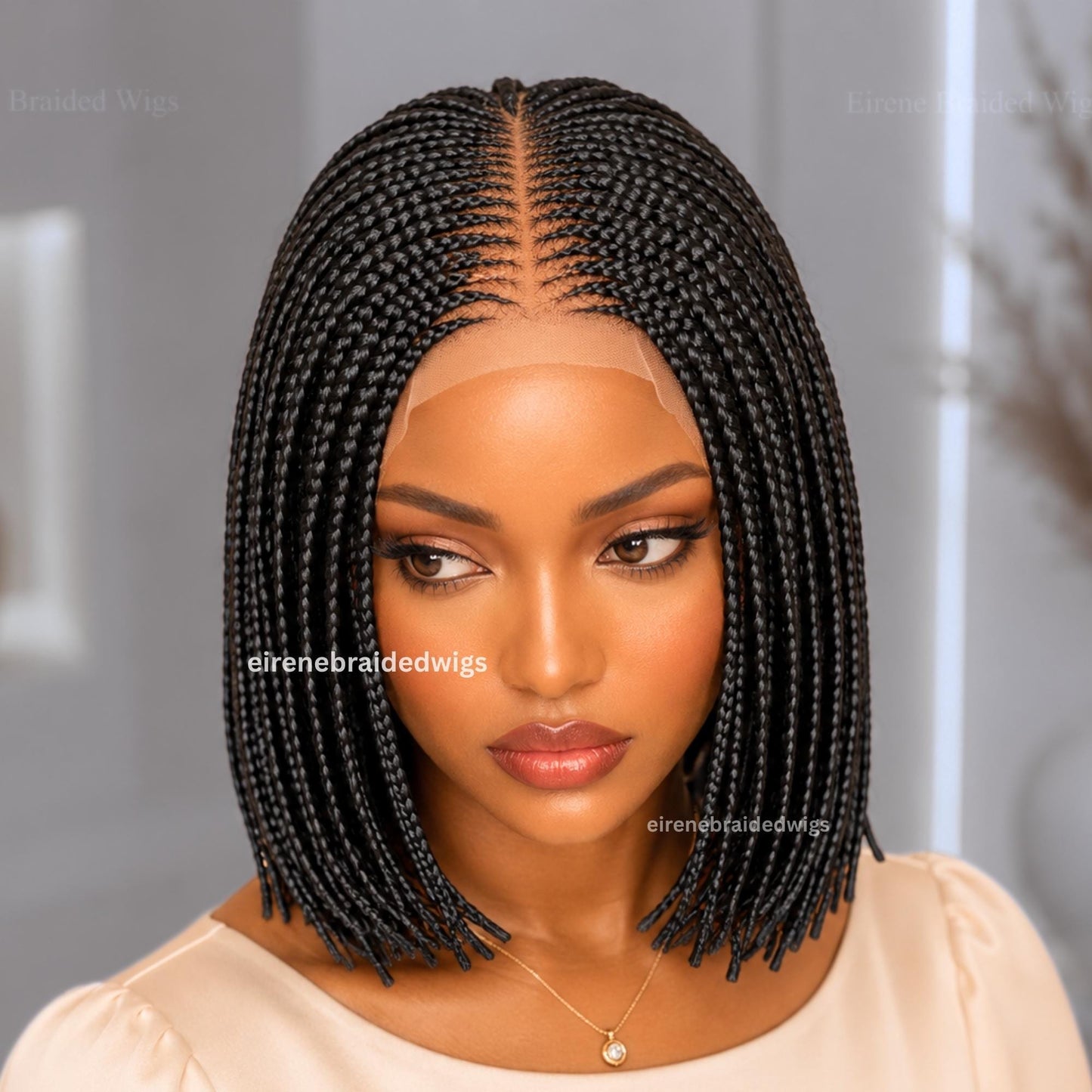 Bob Cornrow braided wig for Black Women – Brown Curly human hair lace-frontal african tribal light-weight centre-parting 12-inch – product image 3
