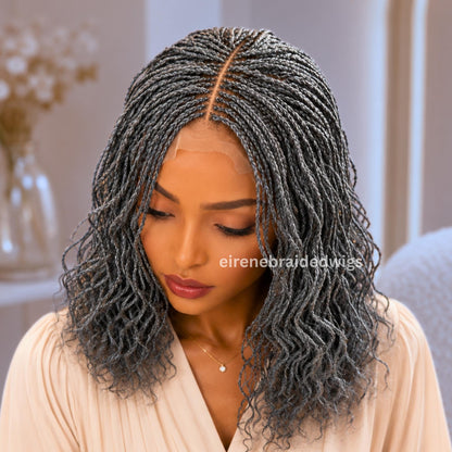 Braided Wigs for Black Women – 14 Inch Curly Salt and Pepper Single Box Braids Wig – Lightweight Lace Closure Wig – product image 3