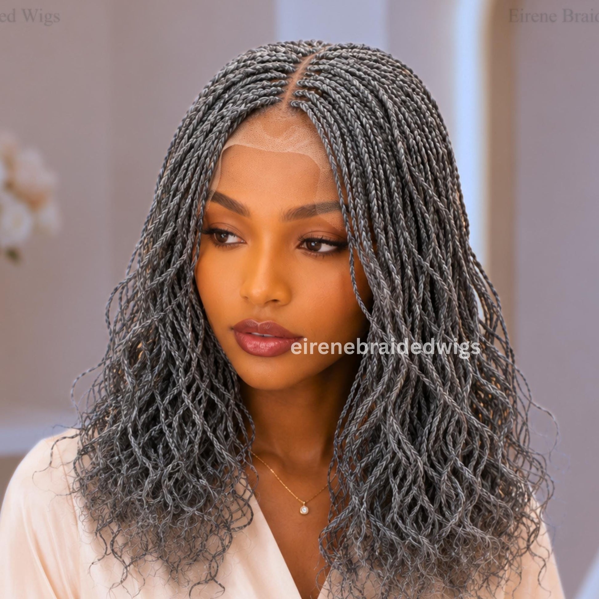 Braided Wigs for Black Women – 14 Inch Curly Salt and Pepper Single Box Braids Wig – Lightweight Lace Closure Wig – product image 5