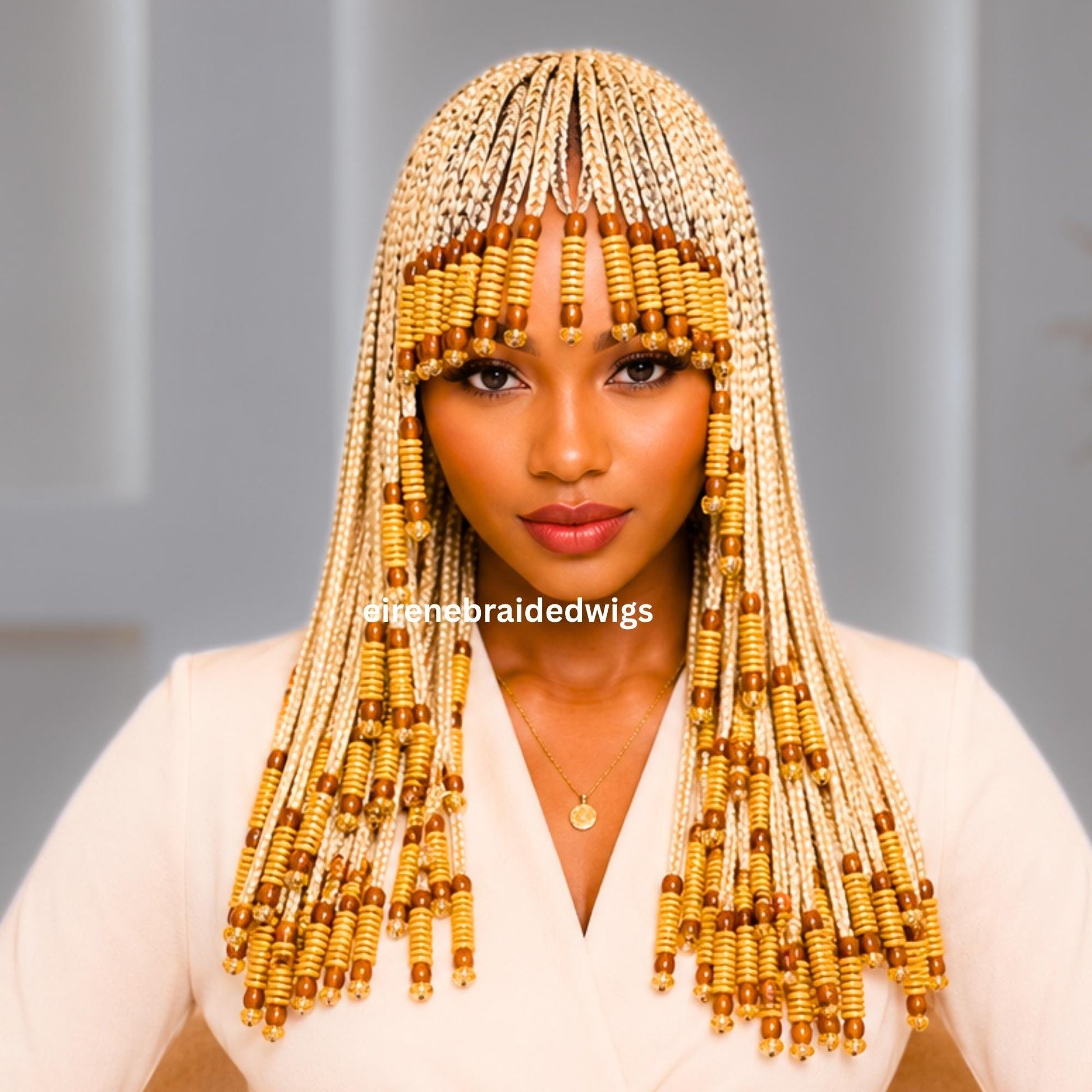 Braids wig with Bangs – Fringe braided wig with beads – short bob African tribal Cornrow wig for Black Women – human hair lace – product image 2