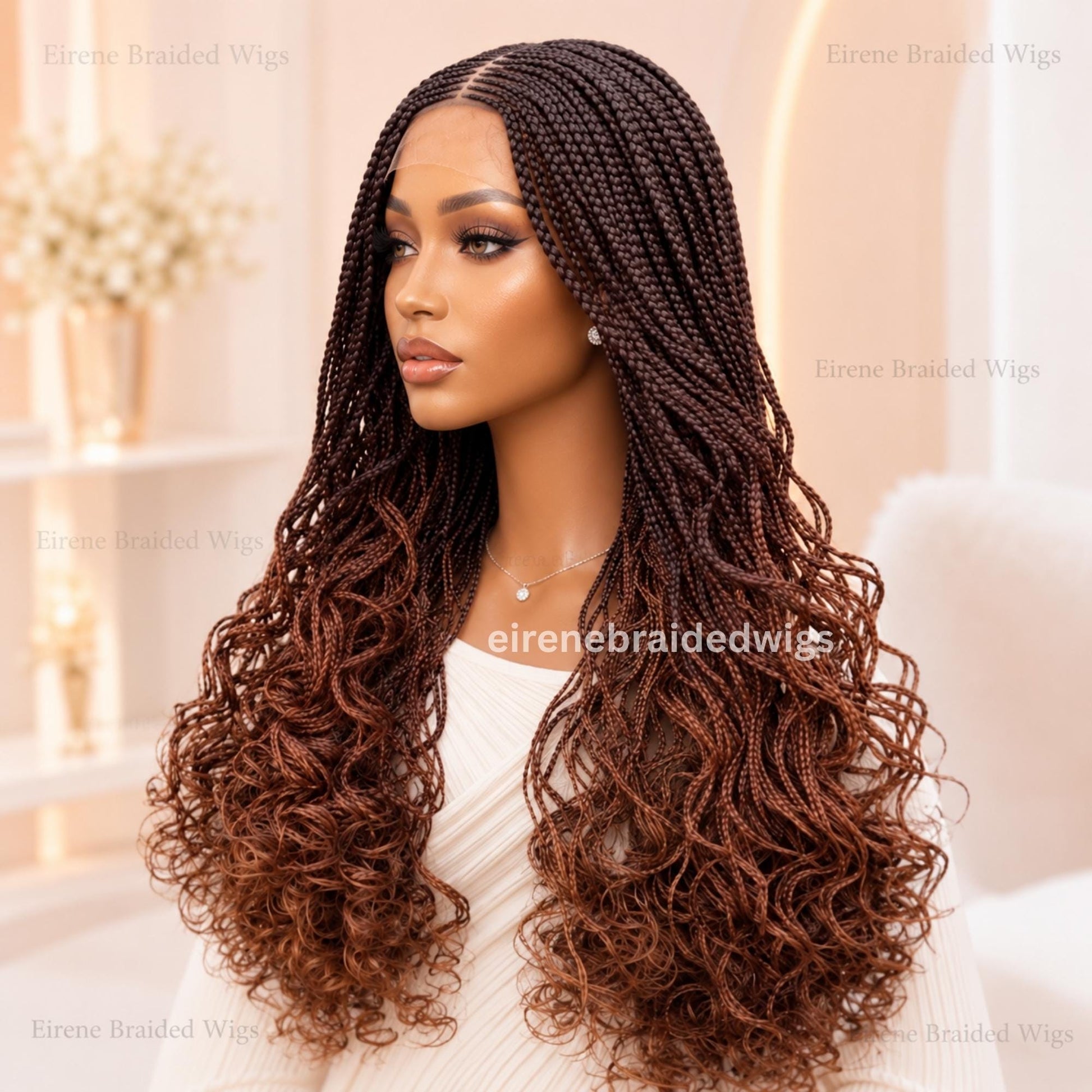 22inch Brown Ombre Curly Braided Wigs for Black Women – Handmade Single Braids Wig – Cornrow Weave – 2x4 Lace Closure – product image 2