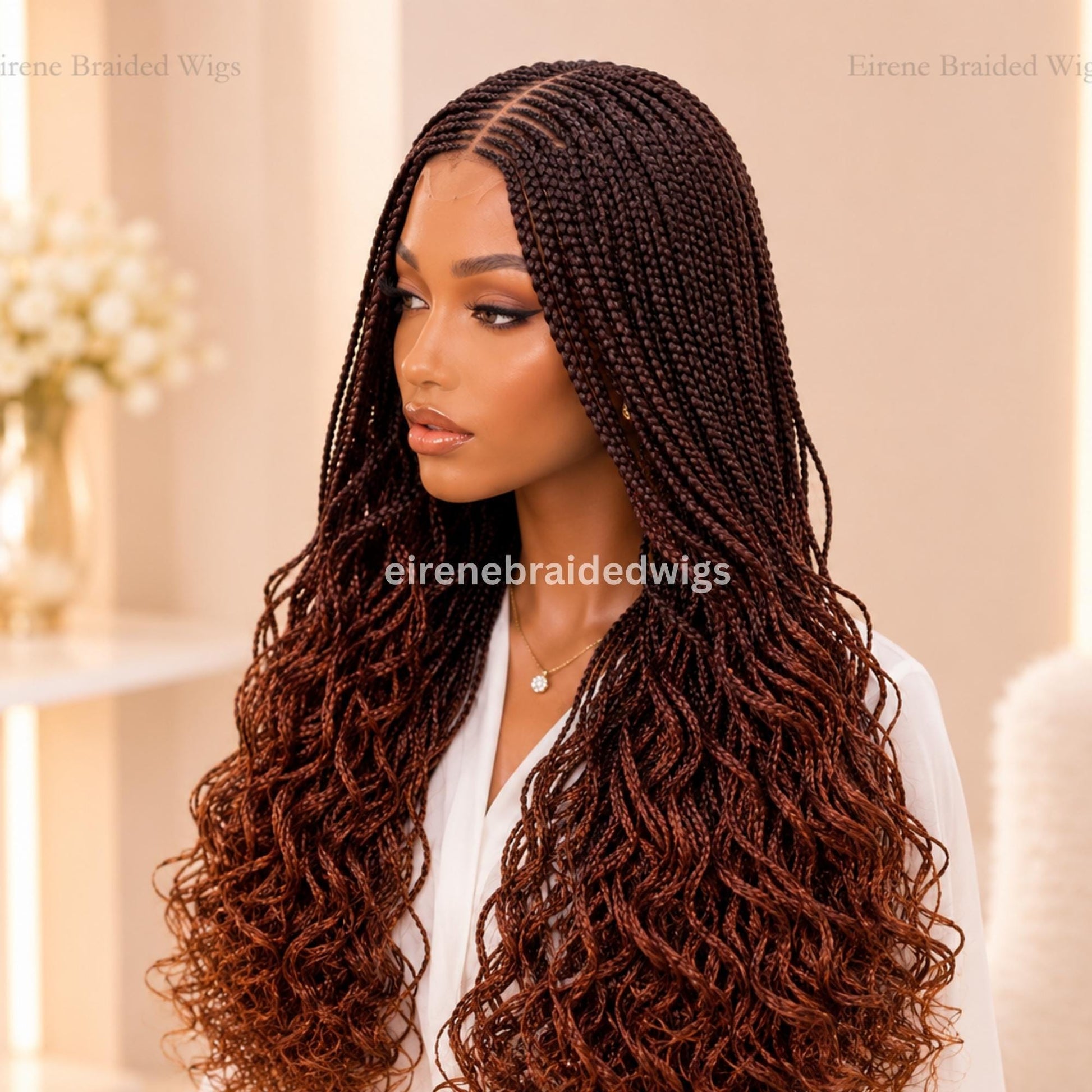 22inch Brown Ombre Curly Braided Wigs for Black Women – Handmade Single Braids Wig – Cornrow Weave – 2x4 Lace Closure – product image 4
