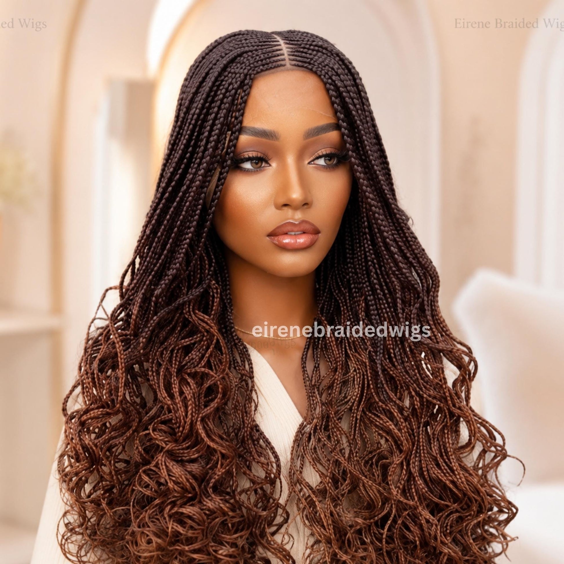22inch Brown Ombre Curly Braided Wigs for Black Women – Handmade Single Braids Wig – Cornrow Weave – 2x4 Lace Closure – product image 1