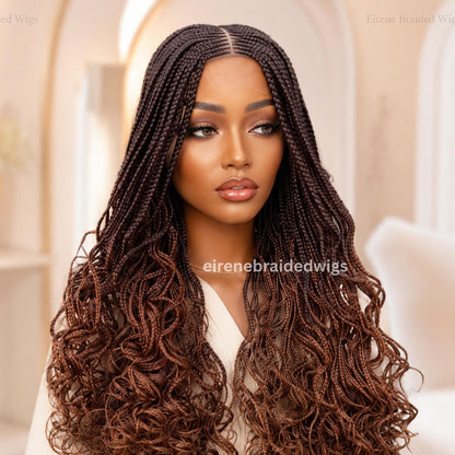 22inch Brown Ombre Curly Braided Wigs for Black Women – Handmade Single Braids Wig – Cornrow Weave – 2x4 Lace Closure – product image 1