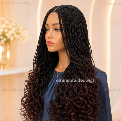 22inch Black Brown Ombre Curly Braided Wigs for Black Women – Handmade Single Braids Wig – Cornrow Weave – 2x4 Lace Closure – product image 1