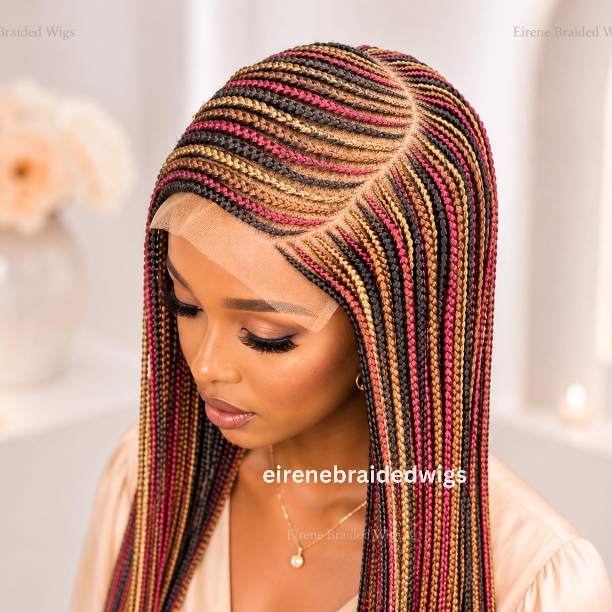Braided Wigs for Black Women Braided Wig – C-Cut Lace Frontal – Red Gold Black Box Braids – product image 3