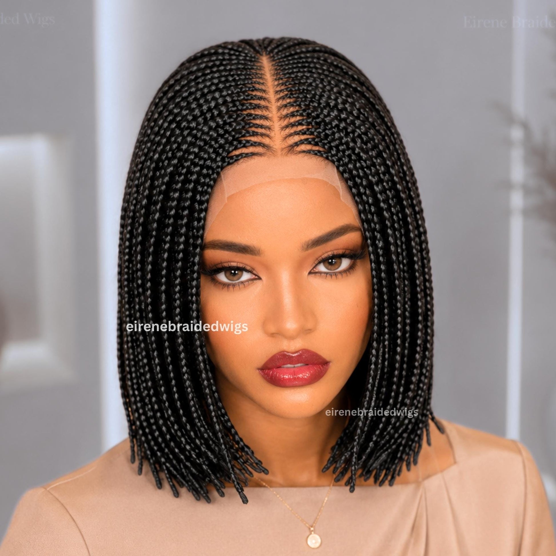 Bob Cornrow braided wig for Black Women – Brown Curly human hair lace-frontal african tribal light-weight centre-parting 12-inch – product image 4