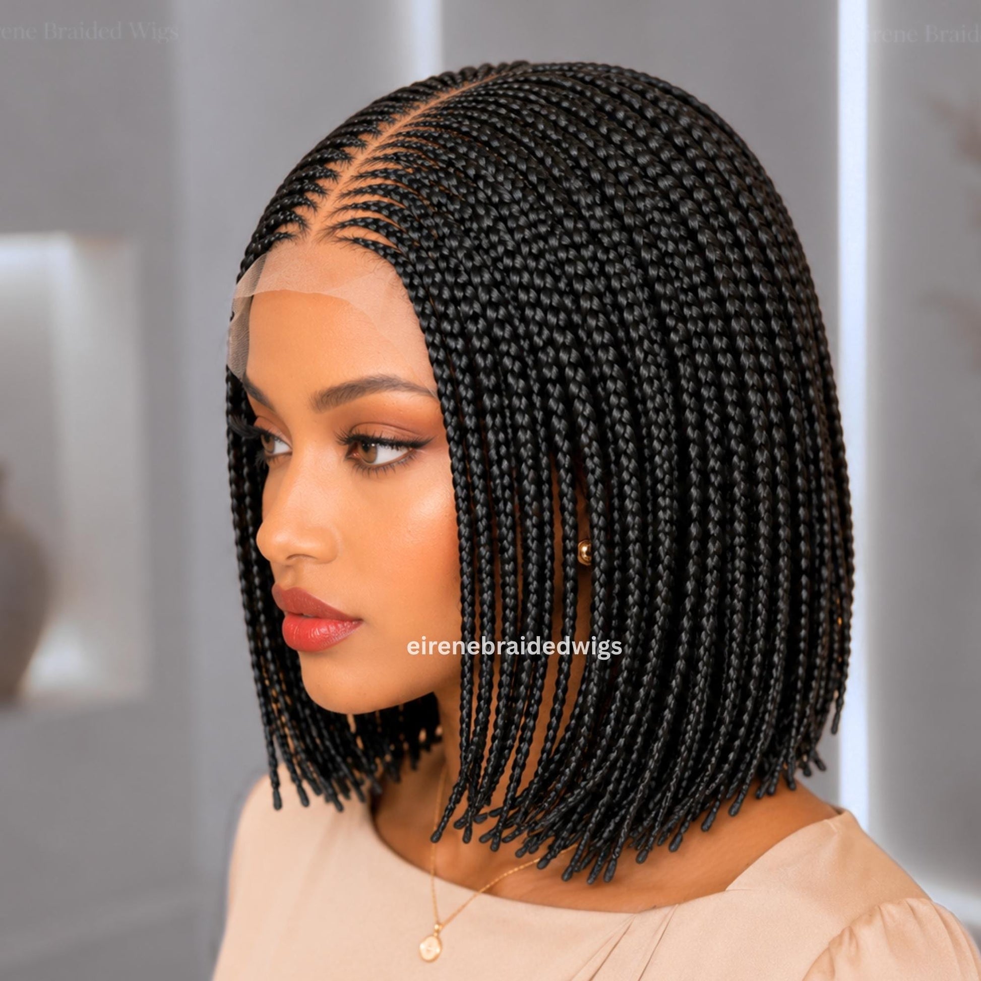 Bob Cornrow braided wig for Black Women – Brown Curly human hair lace-frontal african tribal light-weight centre-parting 12-inch – product image 1