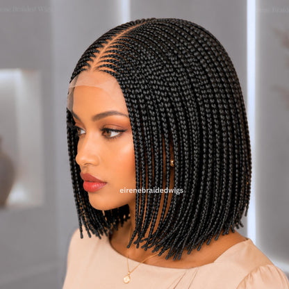 Bob Cornrow braided wig for Black Women – Brown Curly human hair lace-frontal african tribal light-weight centre-parting 12-inch – product image 1