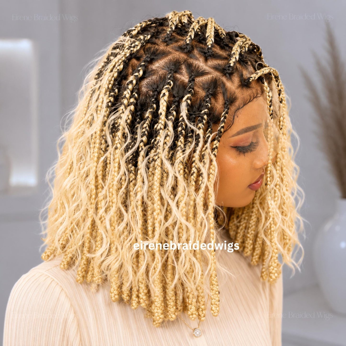 Braided Wigs for Black Women Knotless Bob Wig – Boho Goddess Locs – Curly Human Hair Blend Lace Front – product image 2