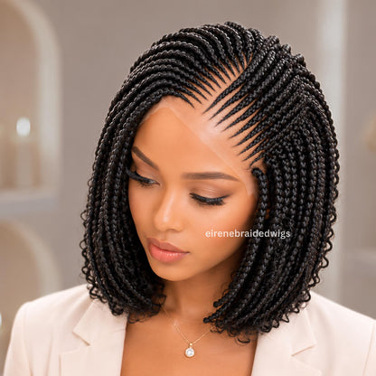 Boho Bob Braided Wigs for Black Women – Black 14-Inch Lace Frontal Curly Cornrow Box Braids – product image 2