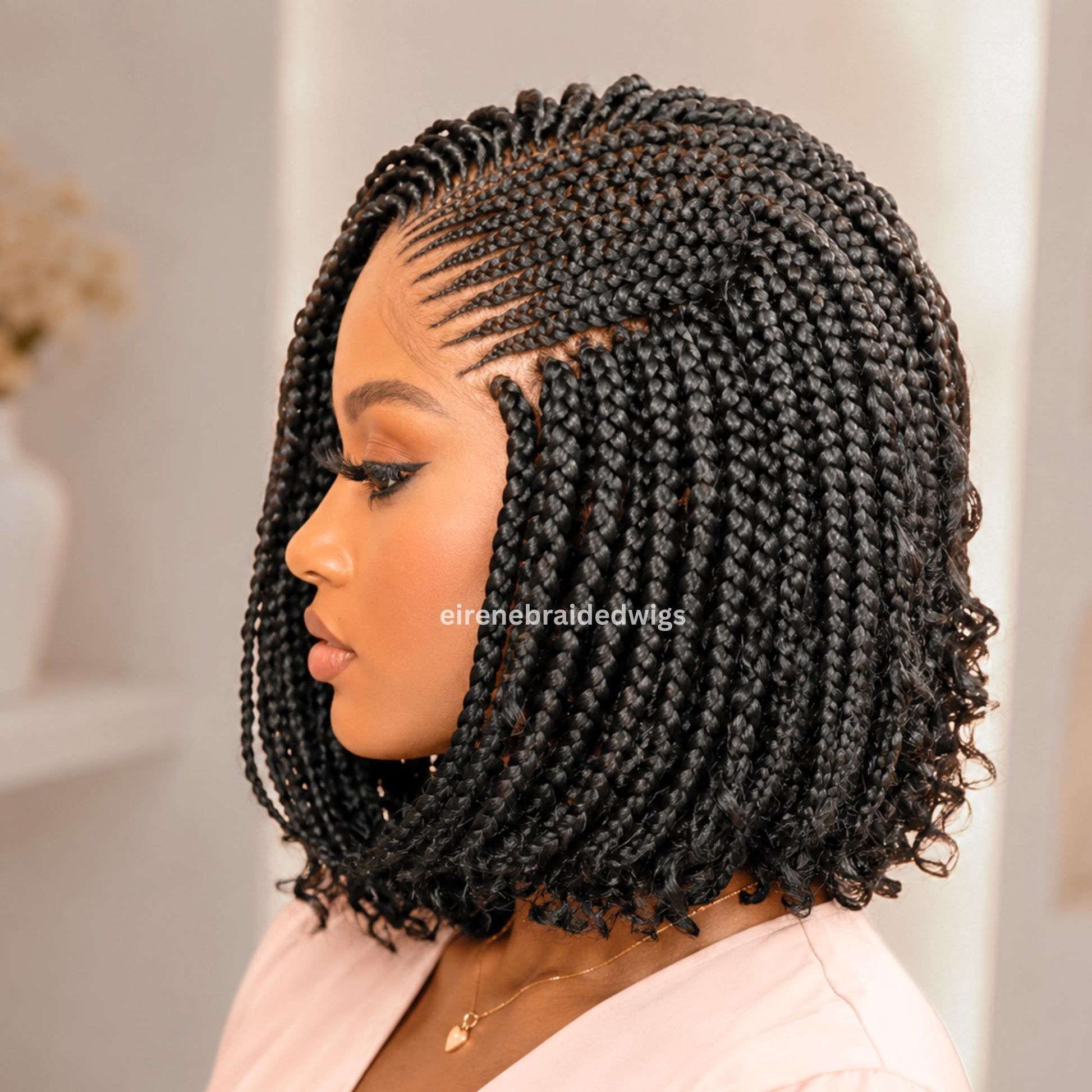 Boho Bob Braided Wigs for Black Women – Black 14-Inch Lace Frontal Curly Cornrow Box Braids – product image 4