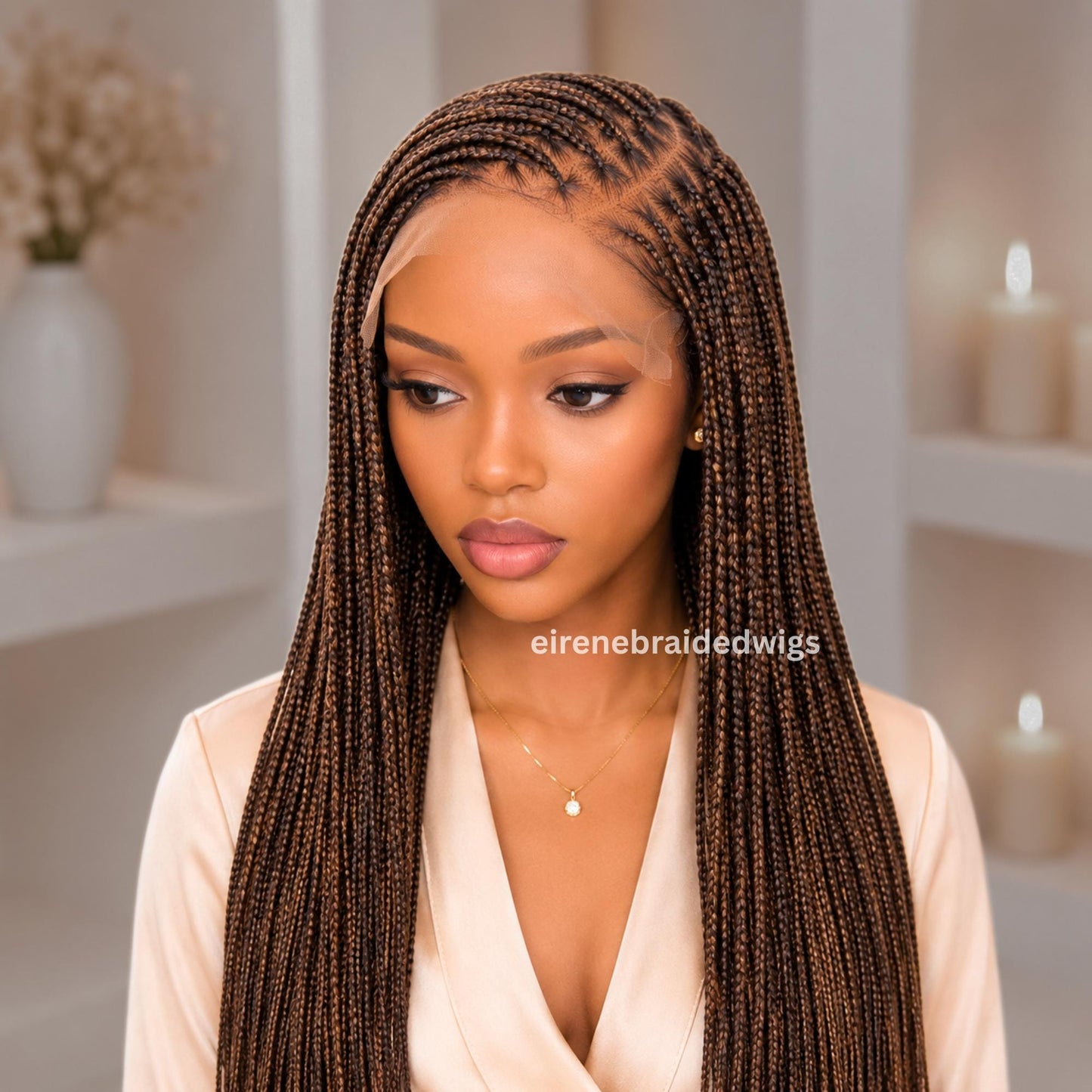 Braided Wigs for Black Women – Bone Straight Black/Brown Ombre Knotless C-curve Single Box Braids Wig with Baby Hair – Lace frontal – product image 1
