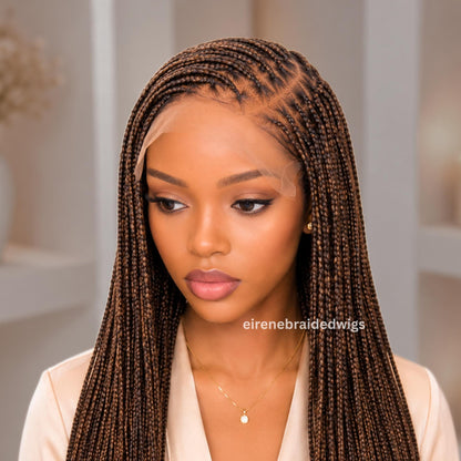 Braided Wigs for Black Women – Bone Straight Black/Brown Ombre Knotless C-curve Single Box Braids Wig with Baby Hair – Lace frontal – product image 2