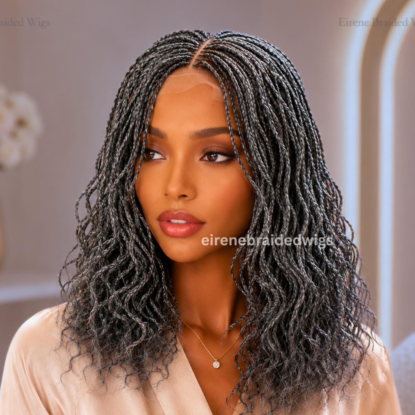 Braided Wigs for Black Women – 14 Inch Curly Salt and Pepper Single Box Braids Wig – Lightweight Lace Closure Wig – product image 1