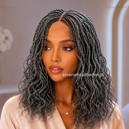Braided Wigs for Black Women – 14 Inch Curly Salt and Pepper Single Box Braids Wig – Lightweight Lace Closure Wig – product image 1
